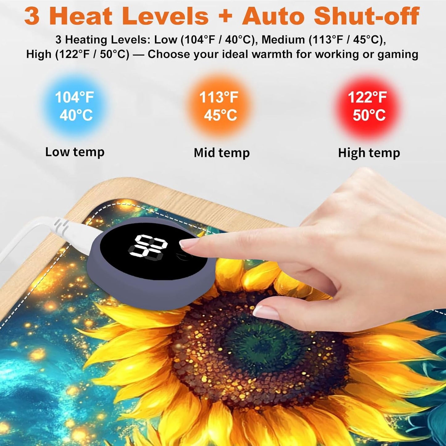 Heated Mouse Pad for Desk 31.5" x 13" – PU Leather Warm Desk Pad with 3 Heat Levels (104°F/113°F/122°F), Plug-in Electric Heating Mat with Auto Shut-Off, Waterproof & Rollable, Starry Sunflowers