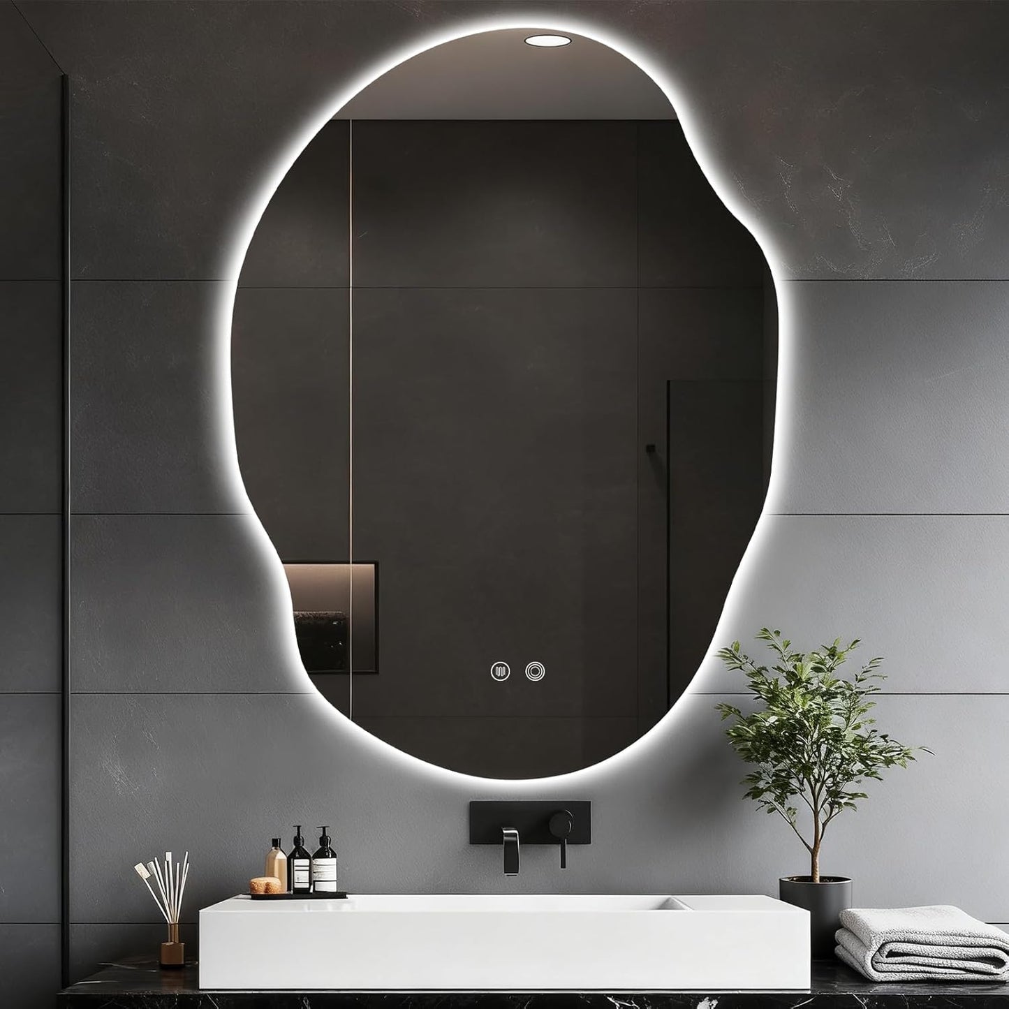 Asymmetrical Bathroom Mirror with Lights,Irregular LED Bathroom Vanity Mirror with Backlit,Anti-Fog,3 Colors and Dimmable Light with Memory,Hardwired Supported[Horizontal/Vertical] 40" H x 30" W