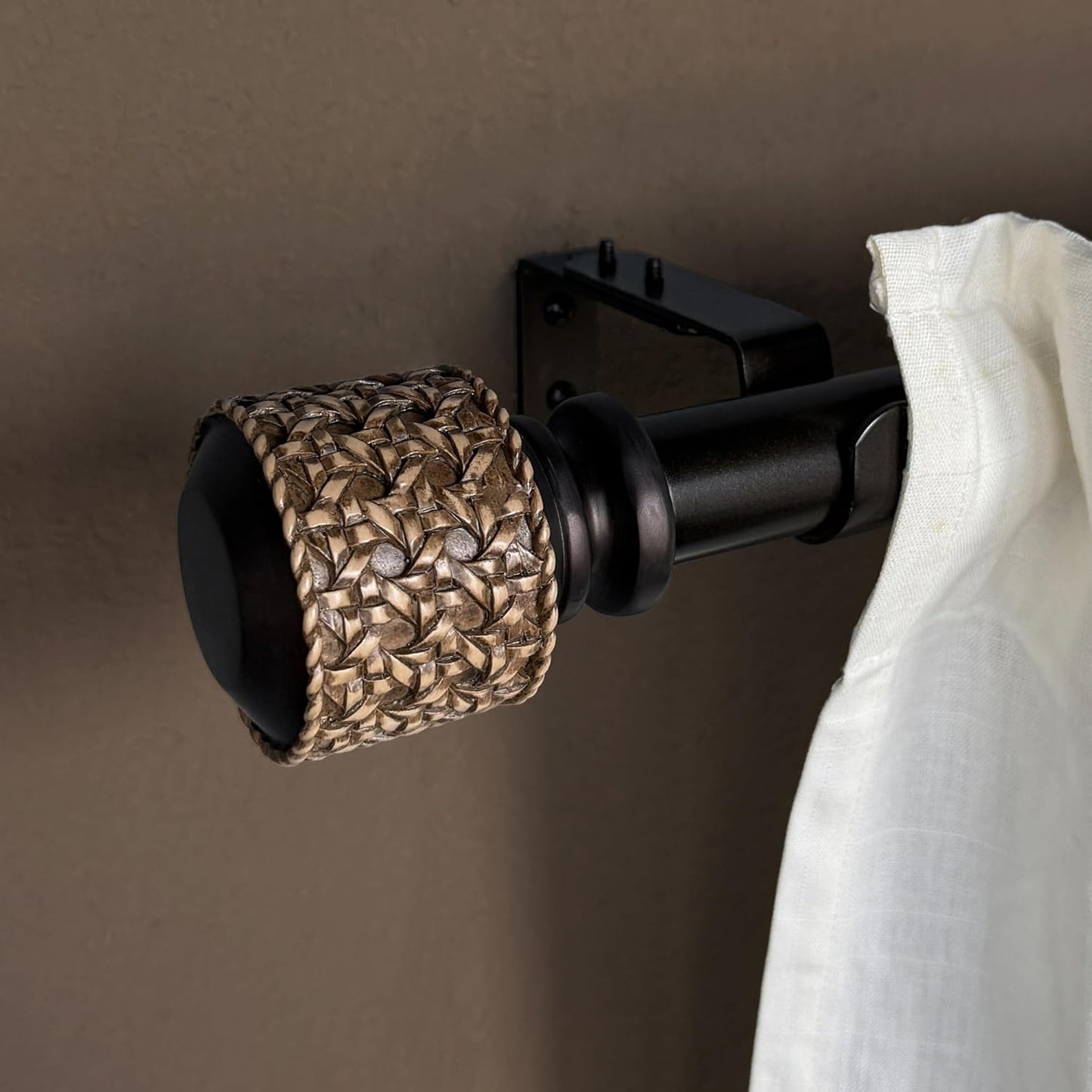 1-1/8 Inch Diameter Dark Bronze Curtain Rods with Faux Rattan Cane Woven Finials, 72-144'' Telescoping Single Curtain Rods for window width 68-140 inch, 1 pack
