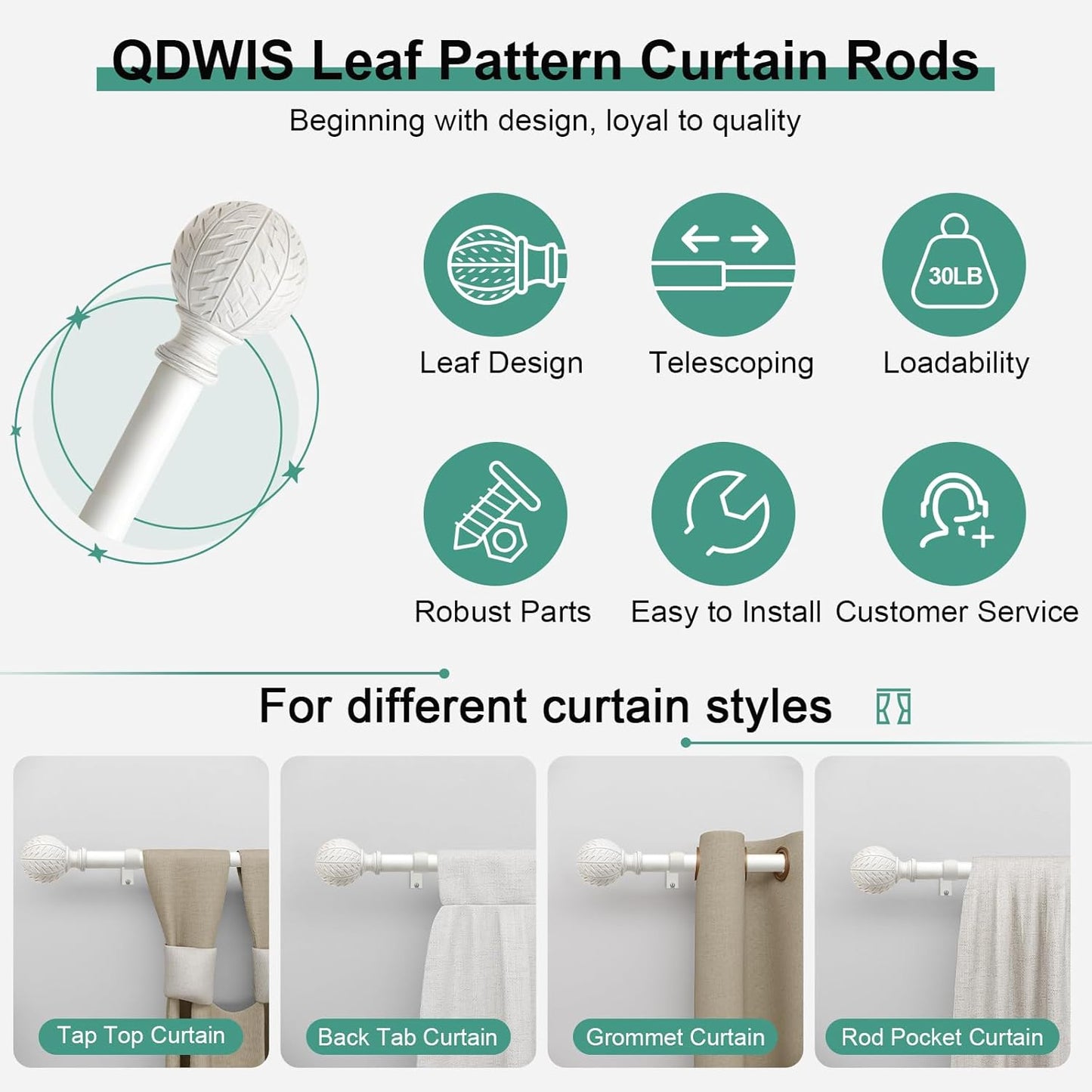 Antique White Ball Curtain Rods for Windows 48 to 84 Inch,1 Inch Heavy Duty Adjustable Curtain Rod,Boho Decorative Drapery Rods Set with Brackets,Size:36''-88''