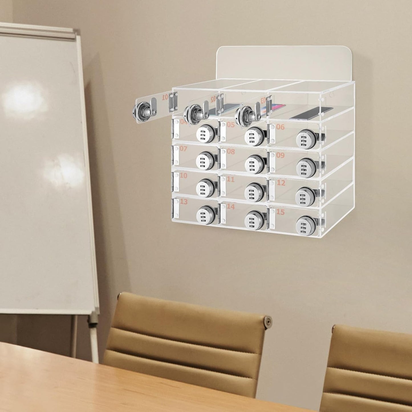 Cell Phone Locker Box 15 Slots Clear Acrylic Cell Phone Organizer Cabinet with Combination Locks Wall-Mounted Locking Cell Phone Storage Box for Classroom Office,Shool,Office (15 Slots, Acrylic)