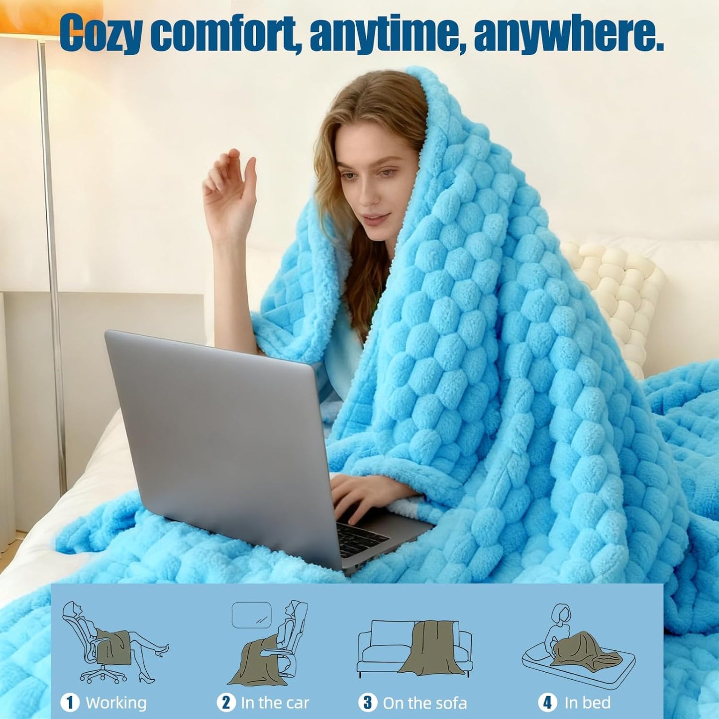 Electric Blanket 50" x 60" Soft Ribbed Faux Fur Flannel Quick Heat 12 Heat Levels 1-12 Hour Timer and Overheat Protection & Auto Shut Off & ETL FCC (Sky Blue, Throw 50" x 60")