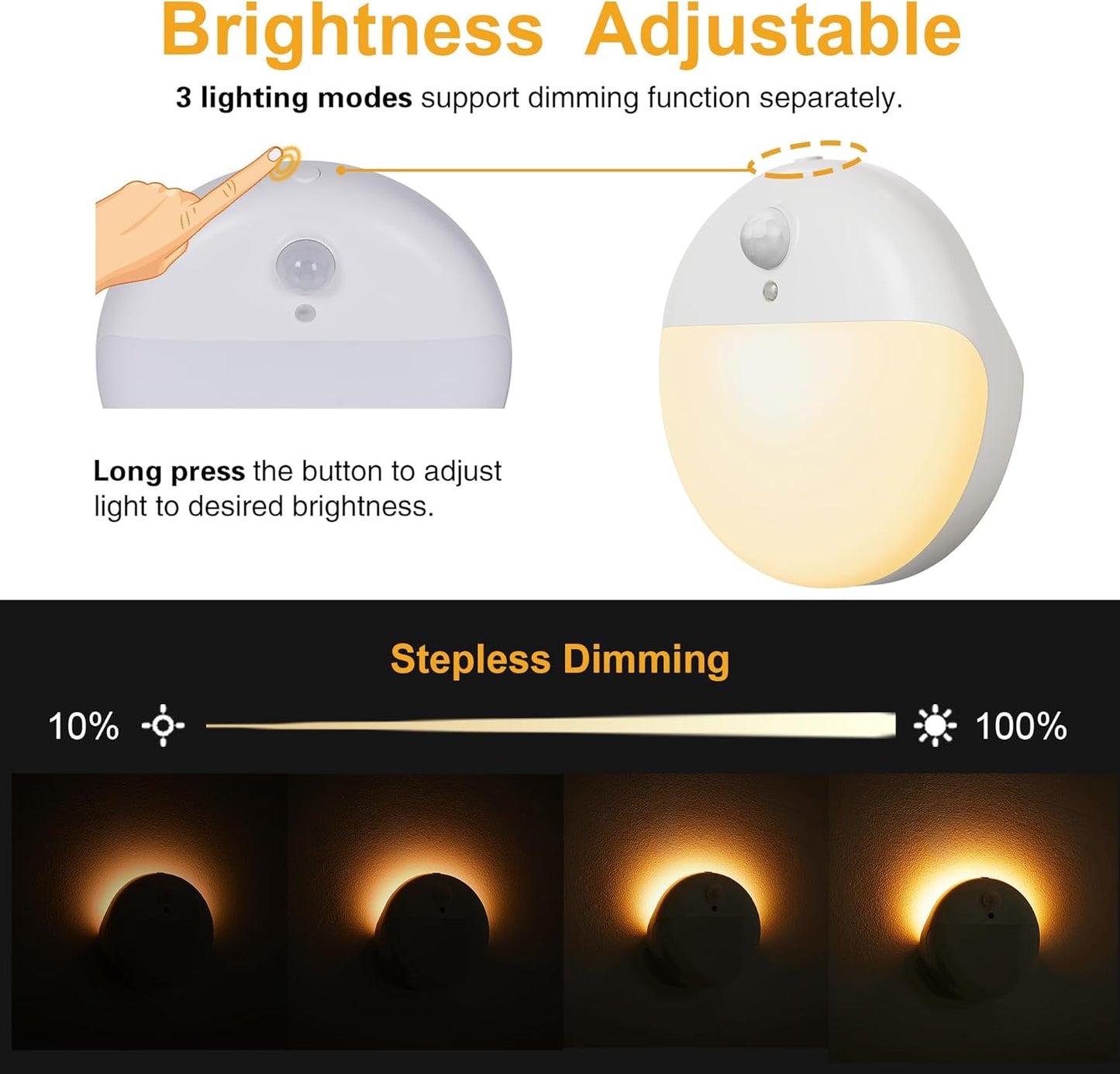 2 Pack Toliet Lights, 2.6" Small Motion Sensor Battery Night Light, Dimmable LED Nightlight, 3 Light Modes, Stick on Lights for Bathroom, Travel, Stairs, Cabinet, Bedroom, Kids, Warm Yellow
