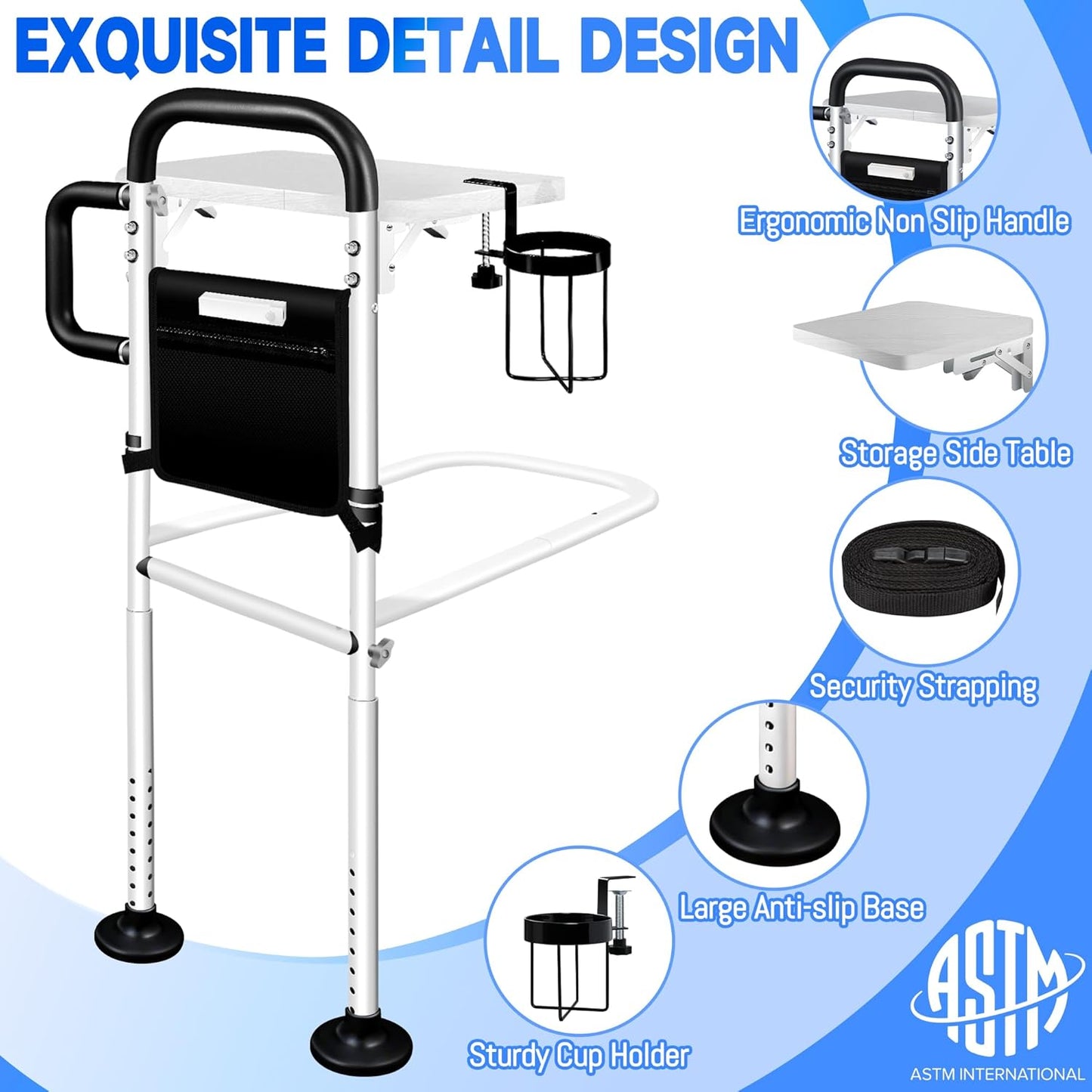 Bed Rails for Elderly Adults Safety with Foldable Tray, Adjustable Bed Assist Rails for Seniors with Motion Sensor Light & Cup Holder, ASTM Approved Bed Cane Bed Rail with 2 Handles & Pocket