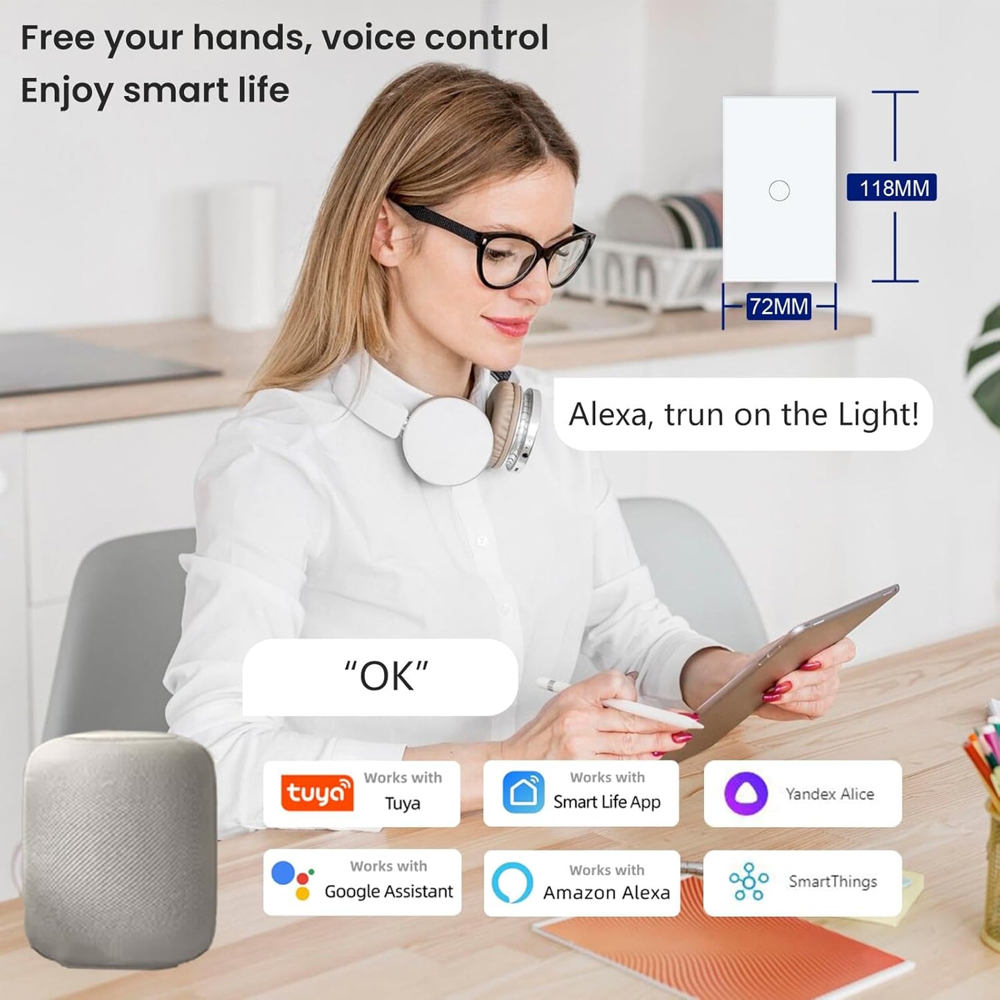 WiFi Smart Light Switch 118X72X34MM Need Neutral Wire,2.4GHz Wi-Fi Touch Switch,Work with Smart Life/Tuya App, Compatible with Alexa and Google Home, White 1 Gang