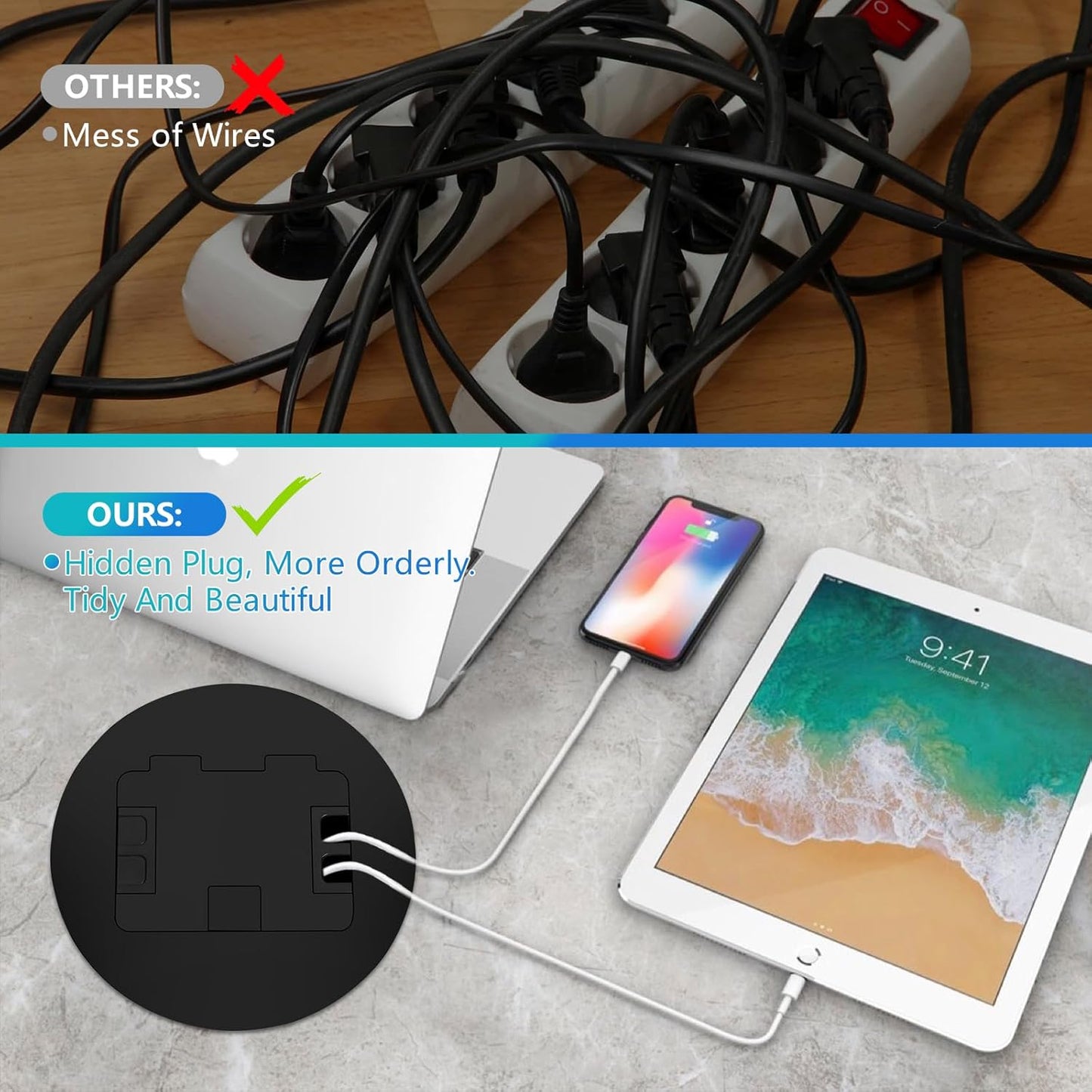 KYHSHJ Recessed Circular Floor Socket Kit with2* 20 Amp Stainless Steel GFCI Tamper Receptacle Outlet,Corrosive Resistant Hardware，Black