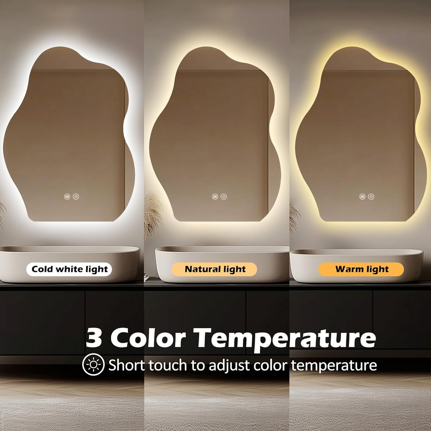 LED Bathroom Mirror with Lights 24x32, Stepless Dimmable Irregular LED Mirror with 3 Colors, Anti-Fog, Memory, Al-Alloy Lampshade, Frameless Makeup Mirror for Bathroom (Vertical Only)