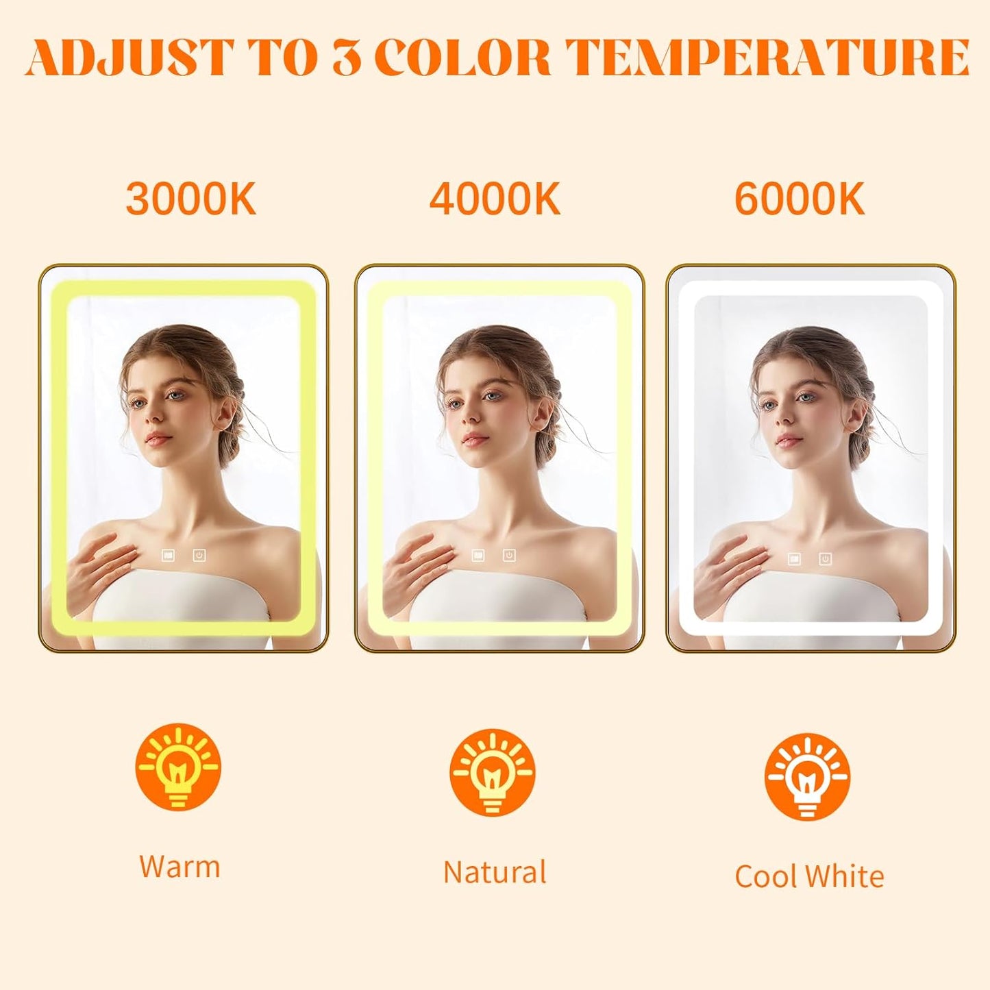 LED Bathroom Mirrors with Lights,24" x 36" Gold Square LED Mirror for Bathroom,Fogless,3 Colors Dimmable, Touch Sensor