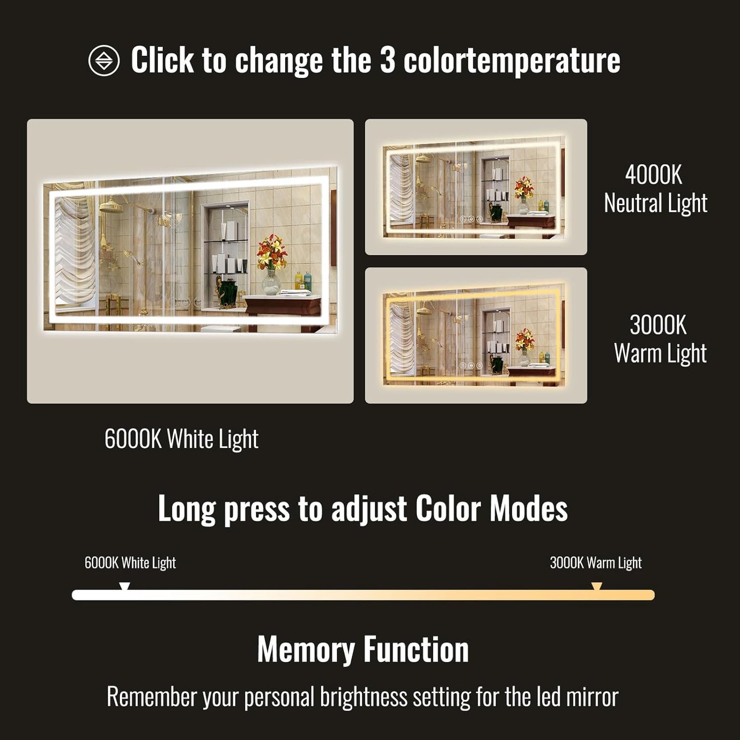LED Bathroom Mirror, 30x55 Inch White Framed Gradient Front and Backlit Vanity Mirror, Anti-Fog, Dimmable, Wall Mounted Horizontal/Vertical Lighted Mirror