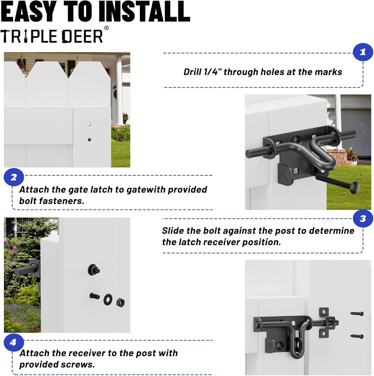 TRIPLE DEER Heavy Duty Sliding Bolt Gate Latch with Padlock Hole & Carriage Bolt, Slide Bolt Hardware for Wooden Fence/Yard Fence/Shed Door/Barn Door, Black, 1 Pack