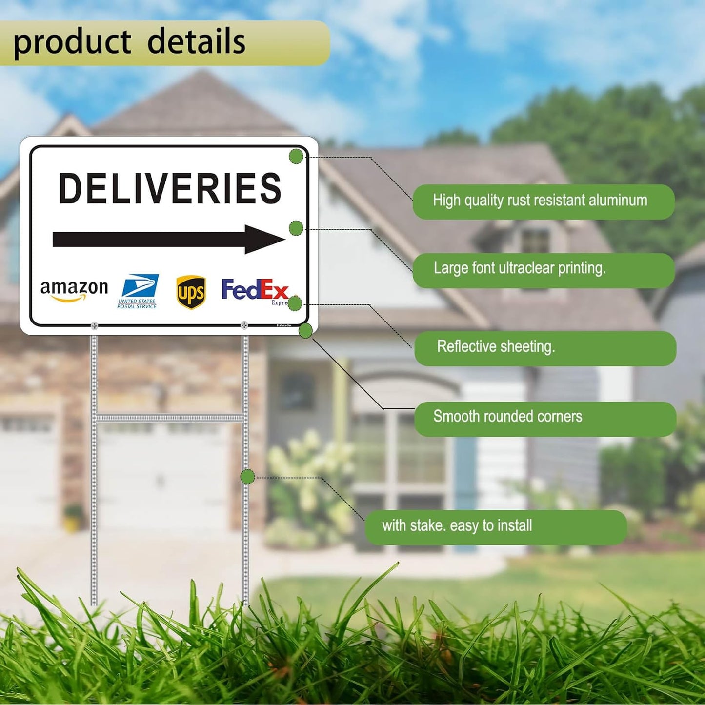 Deliveries Sign with Stake 12”x8” Delivery Sign with Arrow Right Aluminum Metal Delivery Instruction for Packages Easy Installation for Home