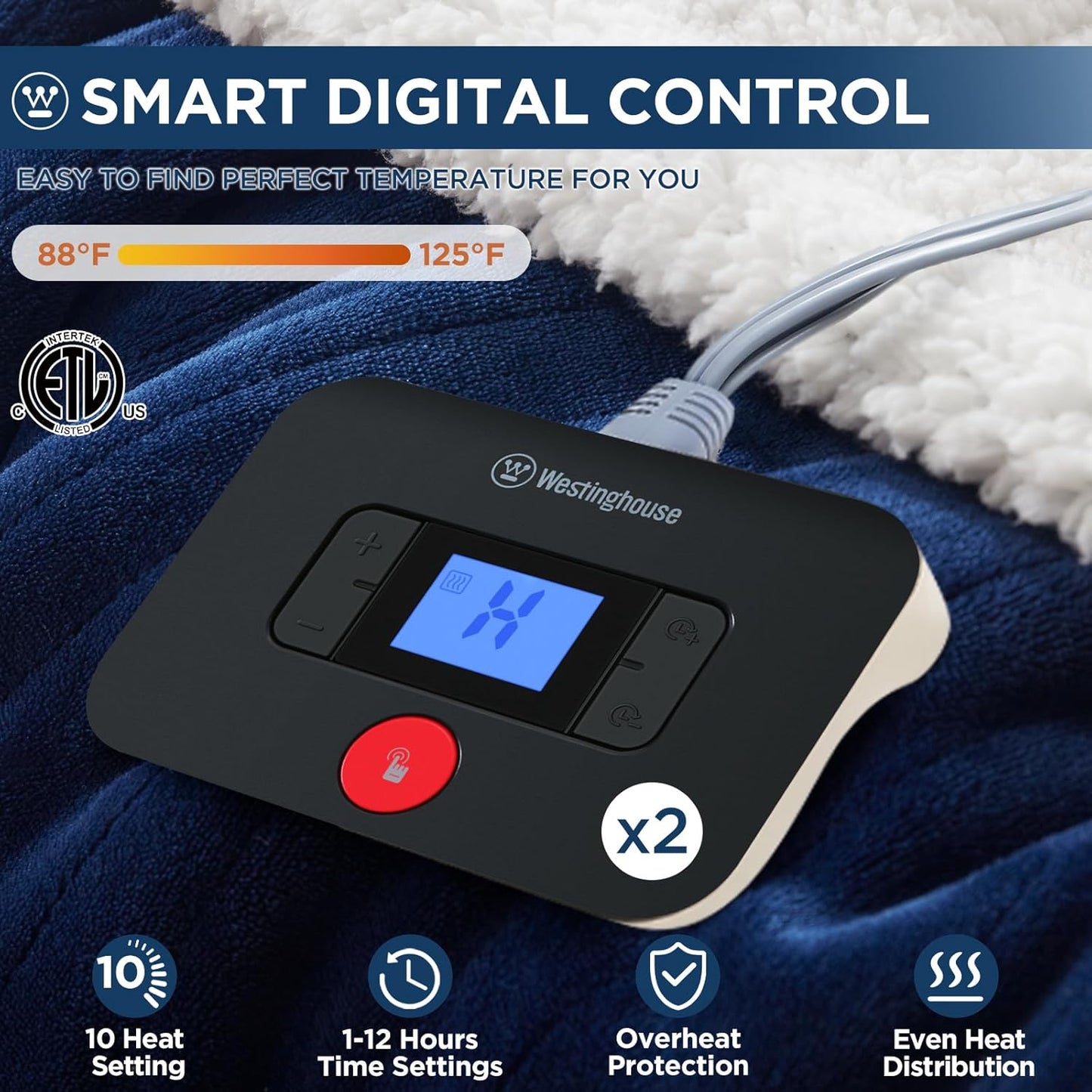 Westinghouse Electric Blanket Queen, Heated Blanket Queen Size with 10 Heating Levels and 1 to 12 Hours Heating Time Settings, Flannel to Sherpa Reversible, Machine Washable (84" x 90", Navy)
