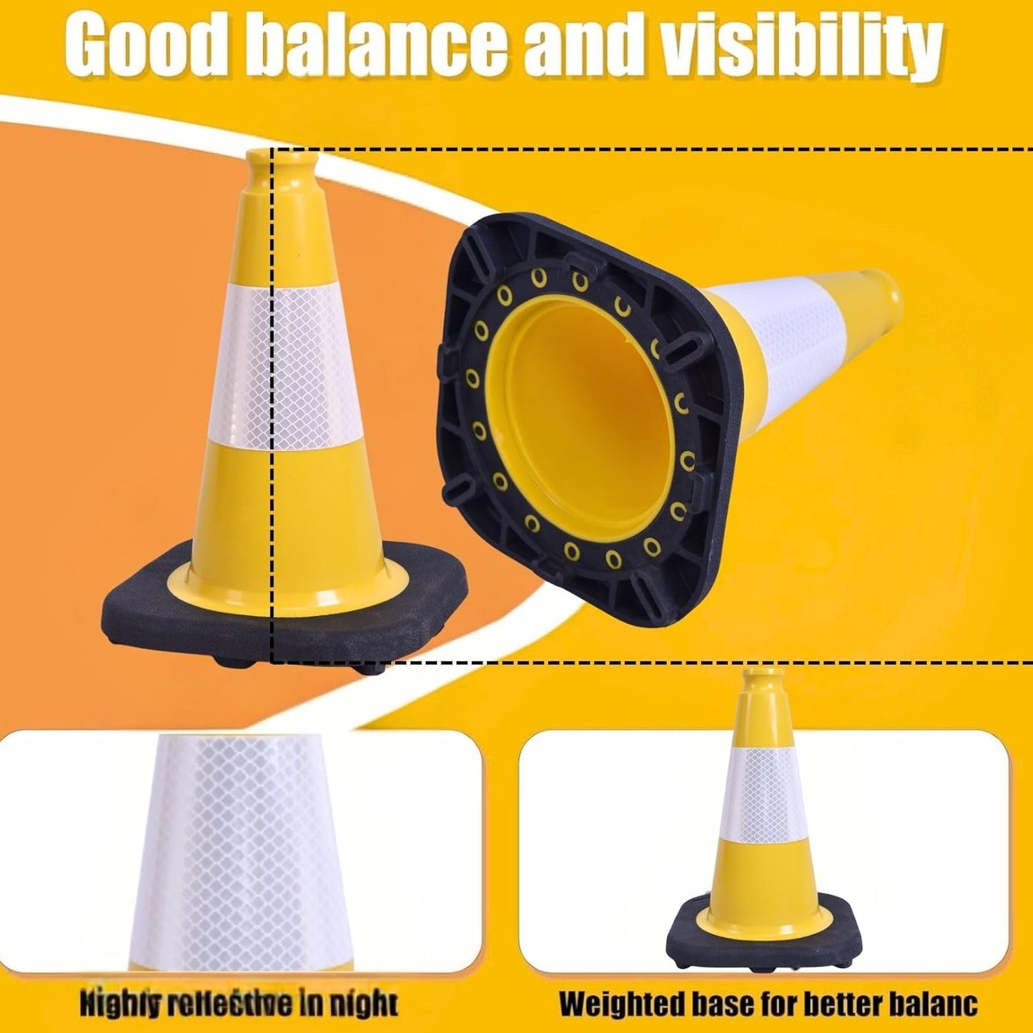 BESEA 4Pack 12 Inch Yellow Traffic Cones with 4 Inch Reflective Collar, Heavy Duty PVC Safety Cones with 8.5 x 8.5 Inch Base for Parking, Driving Practice, Sports Training, and Construction