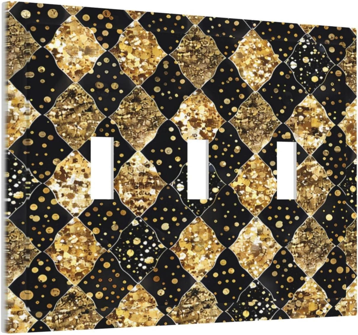 Gold Black Marble Geometric Plaid Glitter Decorative Switch Plates 3 Gang Wall Plate Triple Toggle Light Switch Cover Electrical Wall Panels Faceplate for Bedroom Bathroom Decor