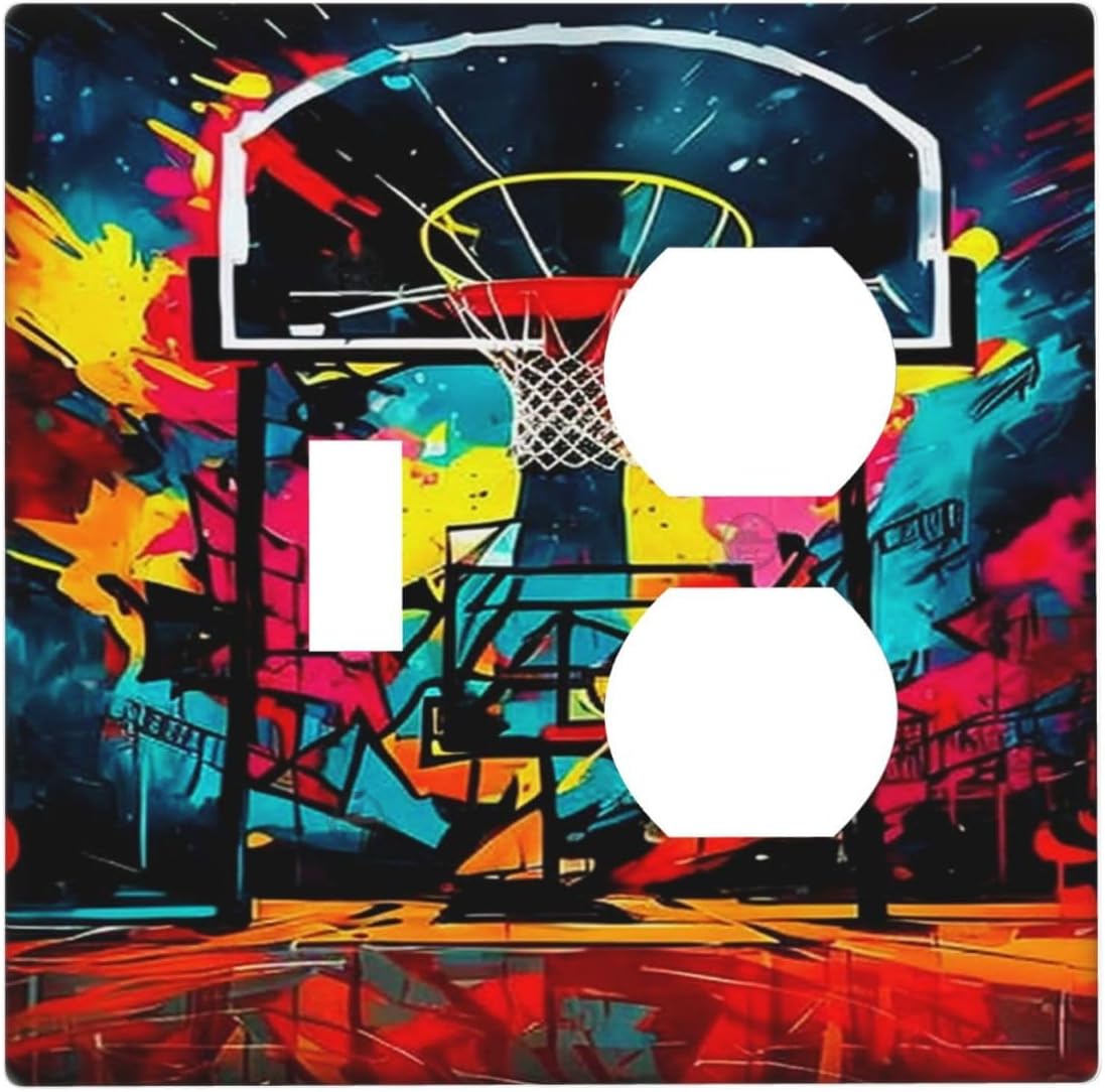 Decorative Outlet Covers Scrawl Colorful Basketball Graffiti Hoop 2 Gang Wall Plate Cover Single Toggle Duplex Combo Two Switch Light Switch Cover Plate Jumbo Dual GFCI Faceplate