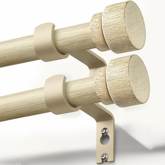 2 Pack White Oak Wood Grain Curtain Rods for Windows 28 to 48 Inches 1" Diameter Boho Decorative Heavy Duty Window Curtain Rod Adjustable with Solid Finials for Living Room Bedroom Kitchen Farmhouse