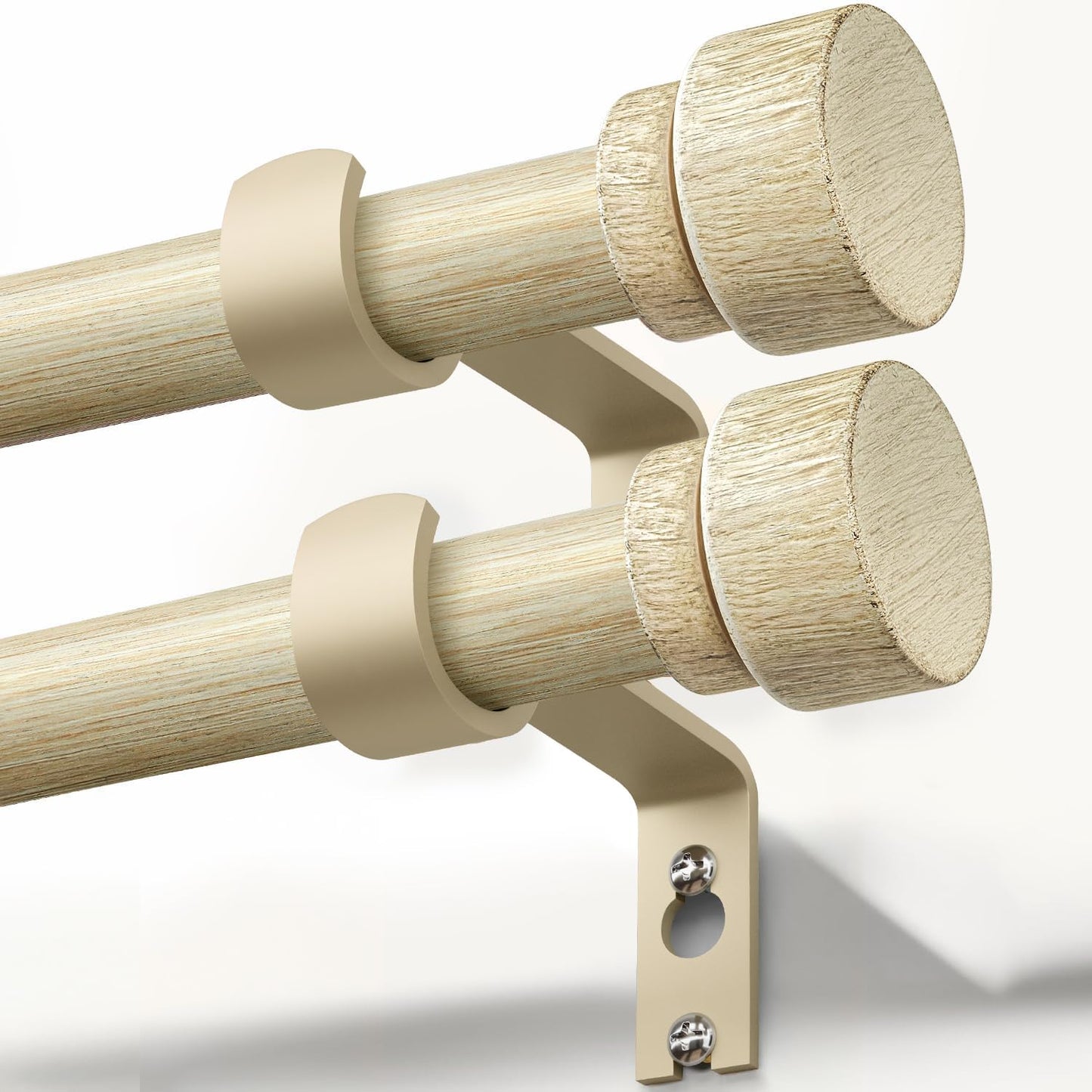 2 Pack White Oak Wood Grain Curtain Rods for Windows 66 to 120 Inches 1" Diameter Boho Decorative Heavy Duty Window Curtain Rod Adjustable with Solid Finials for Living Room Bedroom Kitchen Farmhouse