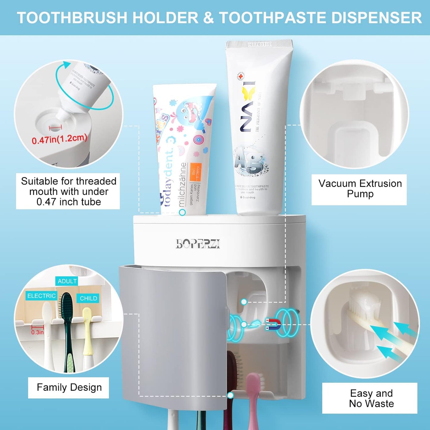 Boperzi Toothbrush Holder Wall Mounted Toothpaste Dispenser Gray Dustproof Cover for Shower Bathroom Set with 2 Toothpaste Squeezers (Not Electric)