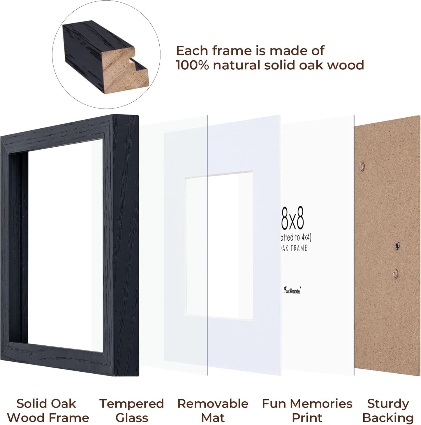 Fun Memories Rustic Oak 8x8 Picture Frame, Solid Oak Wood, 8"x8" Square Photo Frame with Tempered Glass, Matted to 4"x4", Black, Set of 4