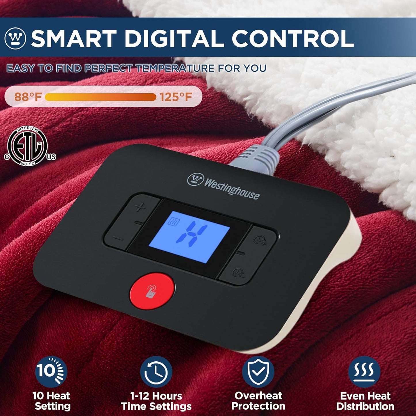 Westinghouse Electric Blanket Full, Heated Blanket Full Size with 10 Heating Levels and 1 to 12 Hours Heating Time Settings, Flannel to Sherpa Reversible, Machine Washable (80" x 84", Red)