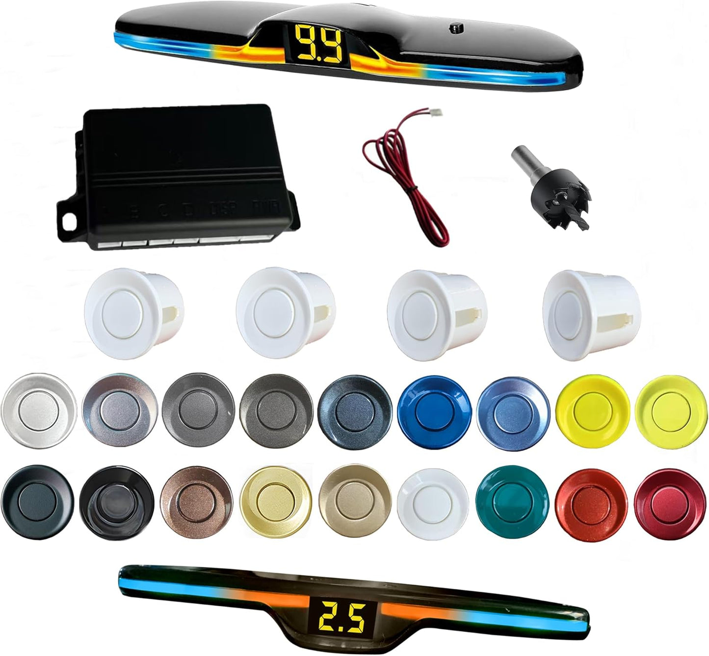 New Feature Rear Parking Sensor with Selectable Distance in Feet, Bidirectional Display Options, and Customizable Numeric Orientation and There are 18 Color Probes to Choose from(White)