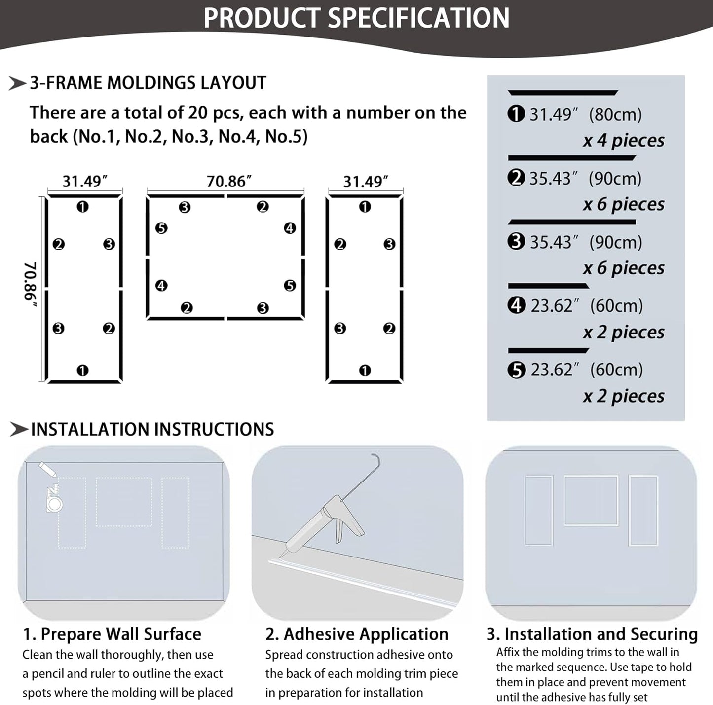 Bedroom Premade Accent Wall Molding Kit, Ready-to-Assemble Wainscoting Panels, Pre-Cut Chair Rail Moulding Trim for Living Room Home Décor