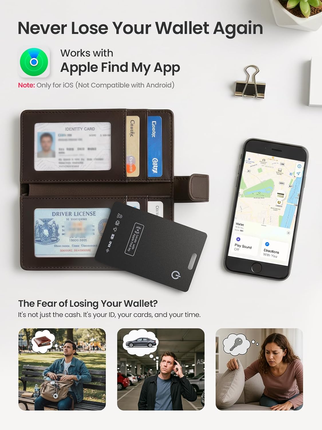 Wallet Tracker Card – Works with Apple Find My [Apple MFi Certified, iOS Only], Slim 1.65mm Bluetooth Item Finder, IP68 Waterproof, Wireless Rechargeable GPS Locator for Wallet, Keys & Luggage