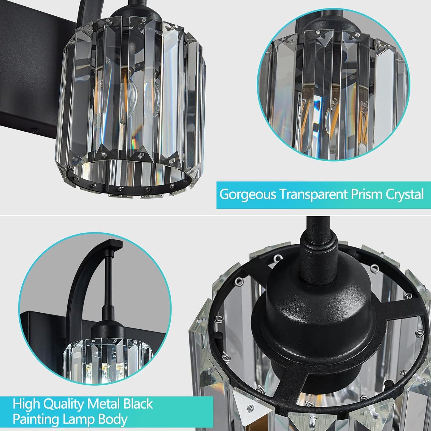 5-Light Crystal Vanity Light, Modern Black Bathroom Wall Sconce with K9 Crystal Shades, 42.51" Long Over Mirror Lighting for Vanity, Makeup, Hallway, Elegant & Easy Installation