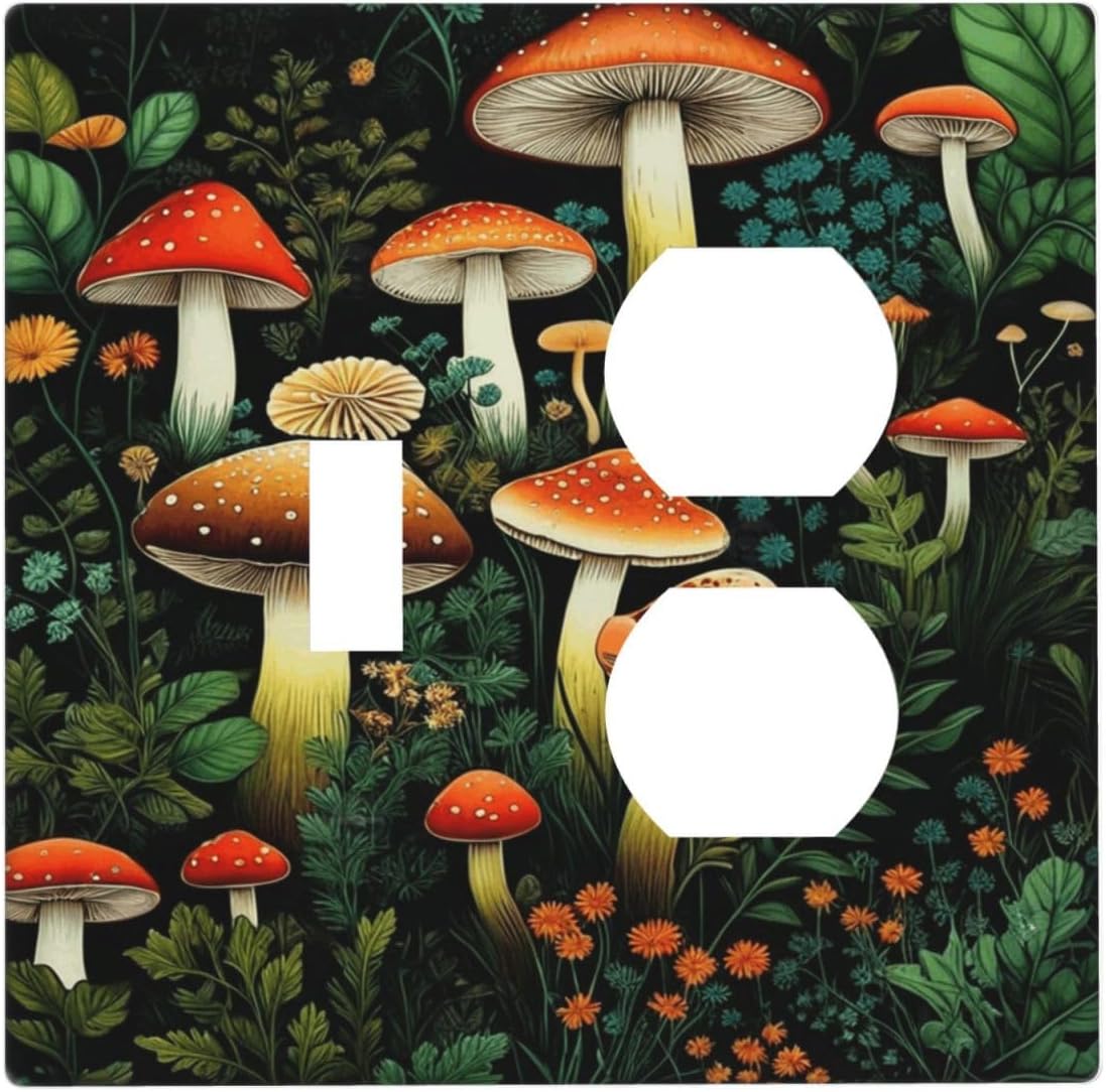 Decorative Outlet Covers Red Mushroom Flowers Green Leaf Plants 2 Gang Wall Plate Single Toggle Duplex Light Switch Cover Switch Plate Covers Faceplate for Bedroom Home Decor