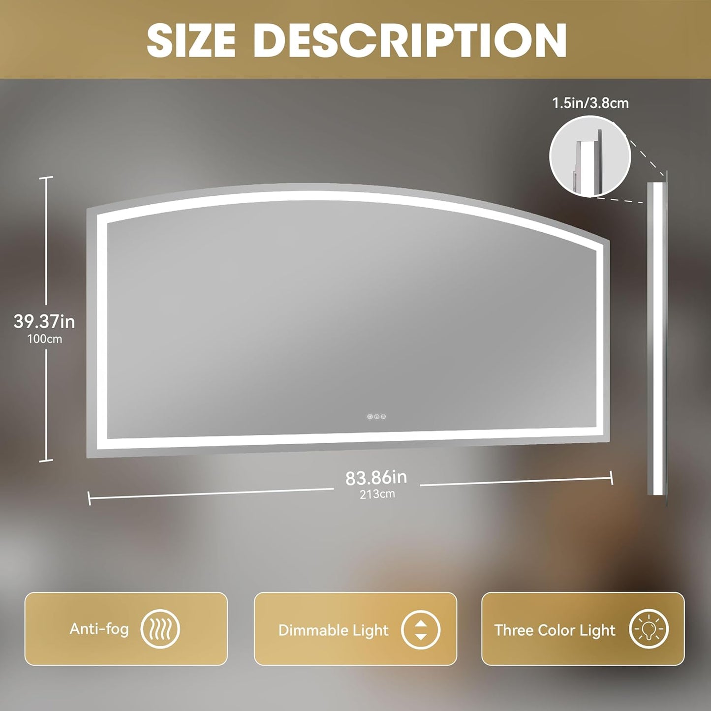 Hasipu 84" x 40" Arch LED Bathroom Mirror, Frontlit Wall-Mounted Vanity Mirror with Lights, Defogging, Smart Touch, Dimmable 3 Color Modes, Safety Shatterproof Glass Coating