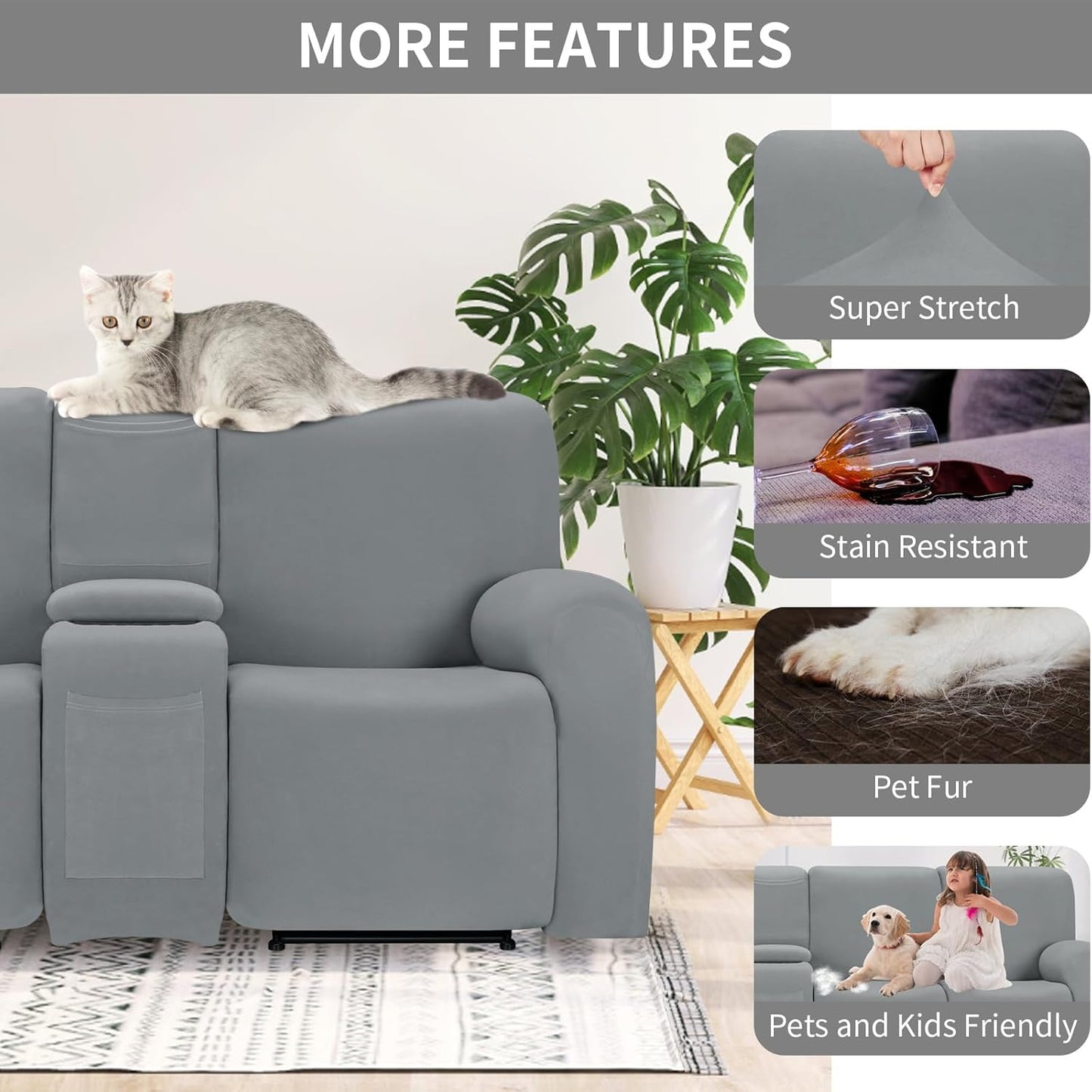 Easy-Going 100% Waterproof Recliner Cover Additional Seat Cover for Reclining Couch, Stretch Sofa Covers Washable Furniture Protector for Kids & Pets, 1 Seat, Light Gray