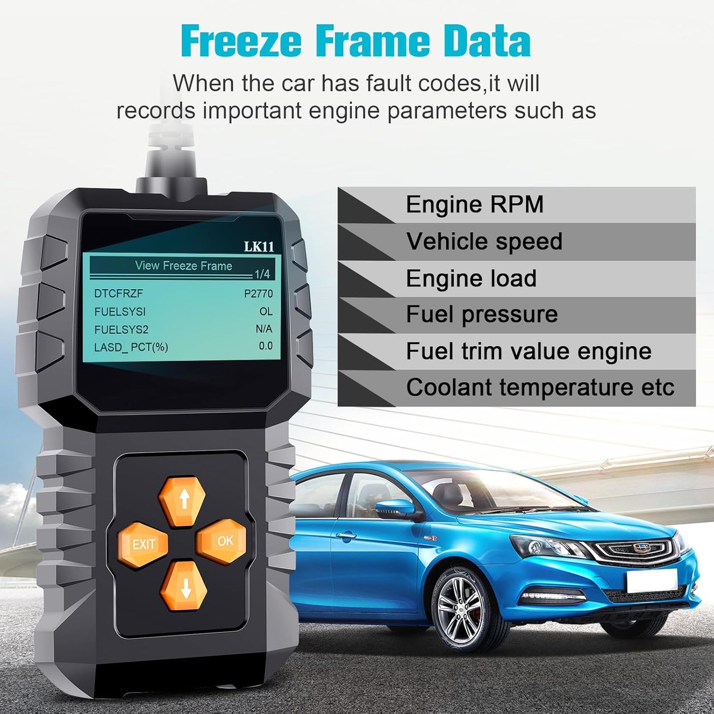 OBD2 Scanner Ease Setup Plug-Play: Clear Reset Engine Error Code Professional Code Reader Diagnostic Scan Tools with Freeze Frame/I/M Readiness for Cars Since 1996 & Newer - LK11