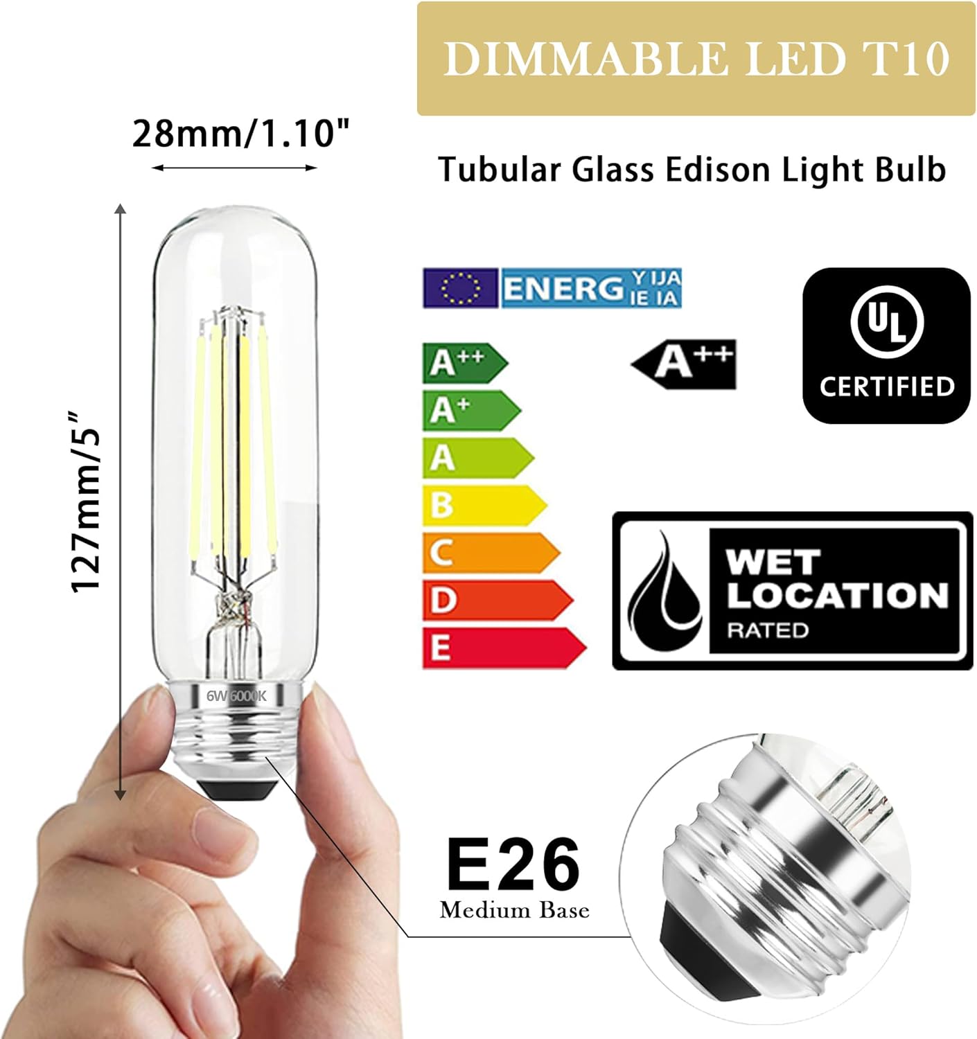 5 Inch Edison Bulb, 6000K Cool White E26 Led Bulb 6W Dimmable, 800LM T10 T9 Clear Glass Tubular Light Bulbs, AC 120V Equal 80 Watt Bulbs for Chandelier Pendant Wall Light - 6Pack