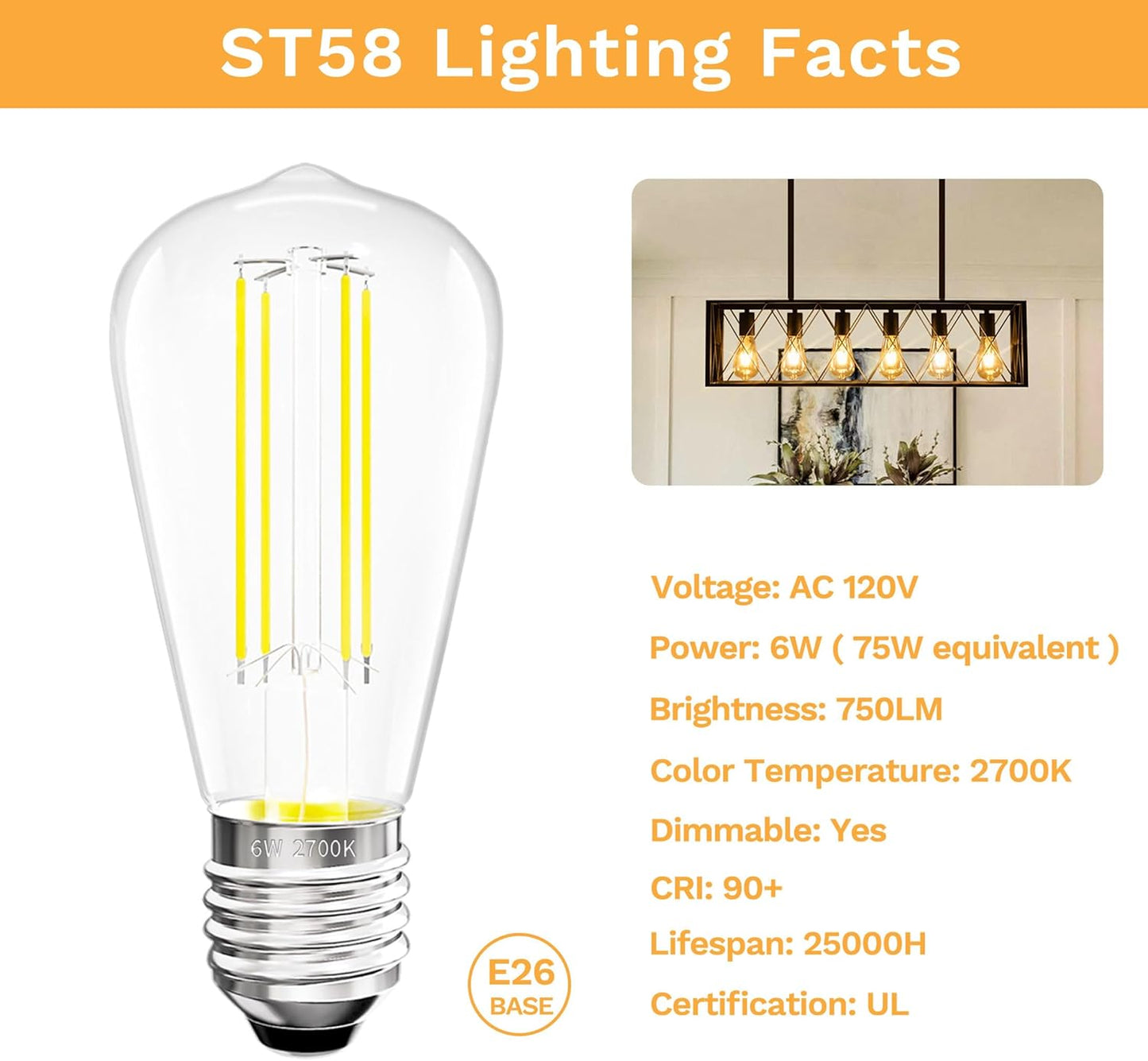 Edison Bulbs E26 Medium Base 2700K Soft White, 750LM ST58 Vintage LED Filament Bulb Clear Glass, Equivalent 75W Dimmable Lights Bulb 90+ CRI for Chandeliers, Pendants, Wall Sconces, 18 Pack