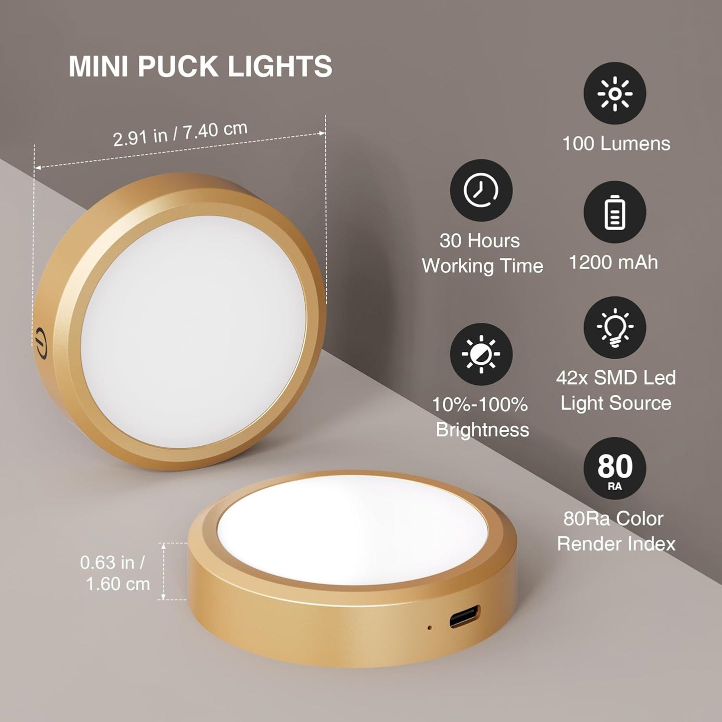 Rechargeable Puck Lights with Remote Control,LED Under Cabinet with Full-Screen,3 Color Temperatures Stick On Lights Wireless, Tap Light for Kitchen,Cabinet,Counter,Closet,Shelf,2 Pack, Gold