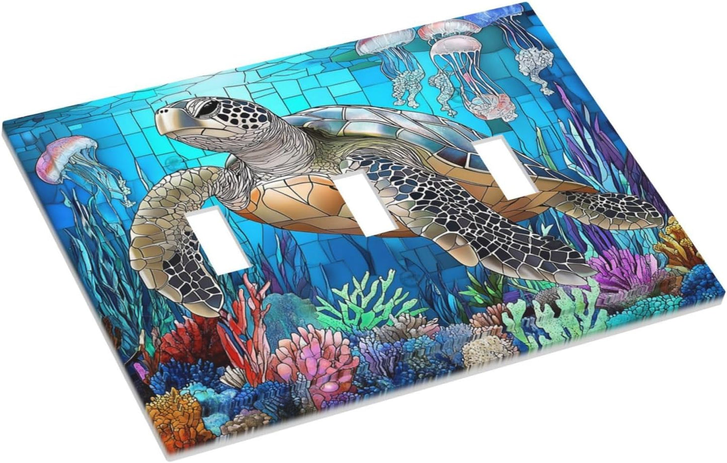 Decorative Switch Plates Nautical Sea Turtle Coral Jellyfish 3 Gang Wall Plate Triple Toggle Light Switch Cover Faceplate Electrical Wall Panels For Kids Room Nursery Decor