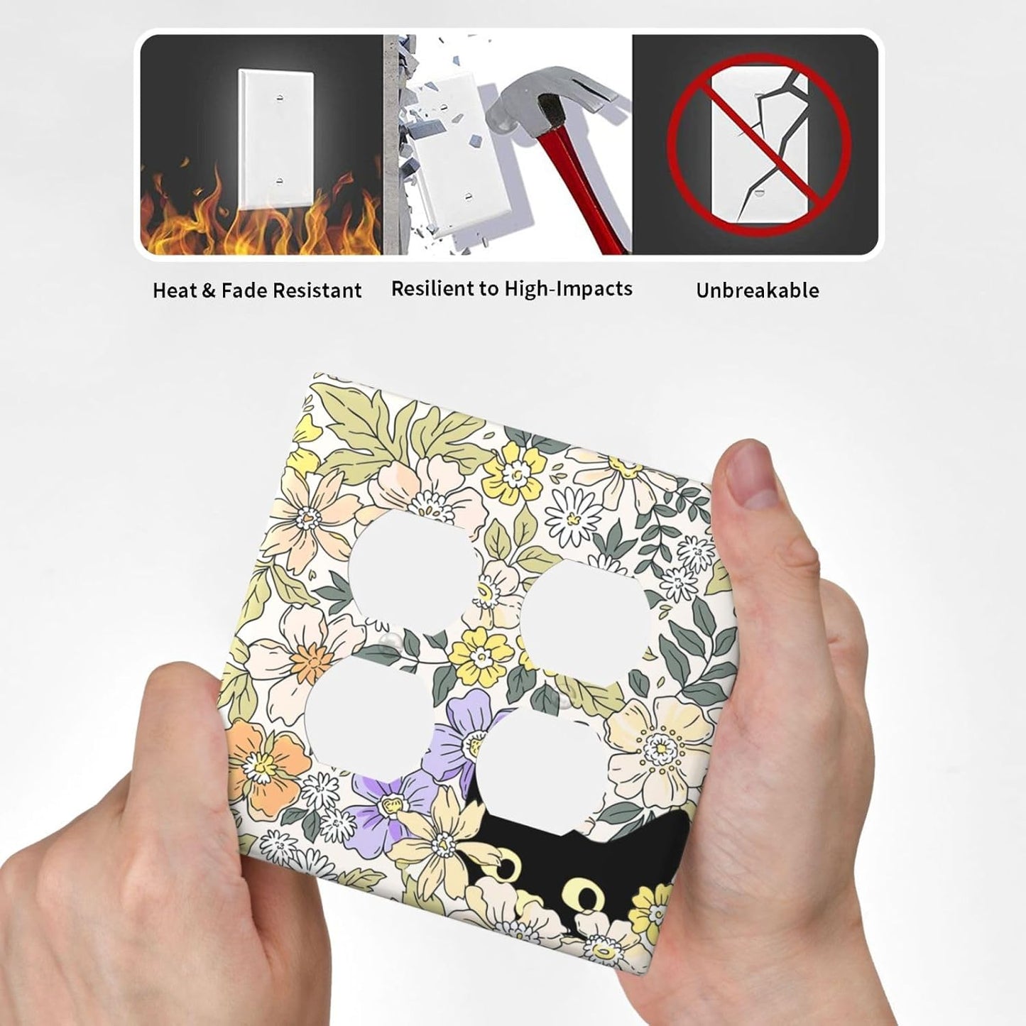 Decorative Outlet Covers Cute Black Cat in a Flower Patch Botanical Garden 2 Gang Wall Plate Double Duplex Receptacle Light Switch Covers Switch Plate Cover for Bedroom Home Decor