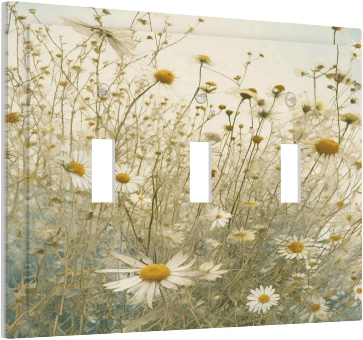 White Wildflowers Daisy Vintage Floral Decorative Switch Plates 3 Gang Wall Plate Triple Toggle Light Switch Cover Faceplate Electrical Wall Panels for Bed Room Living Room Decor