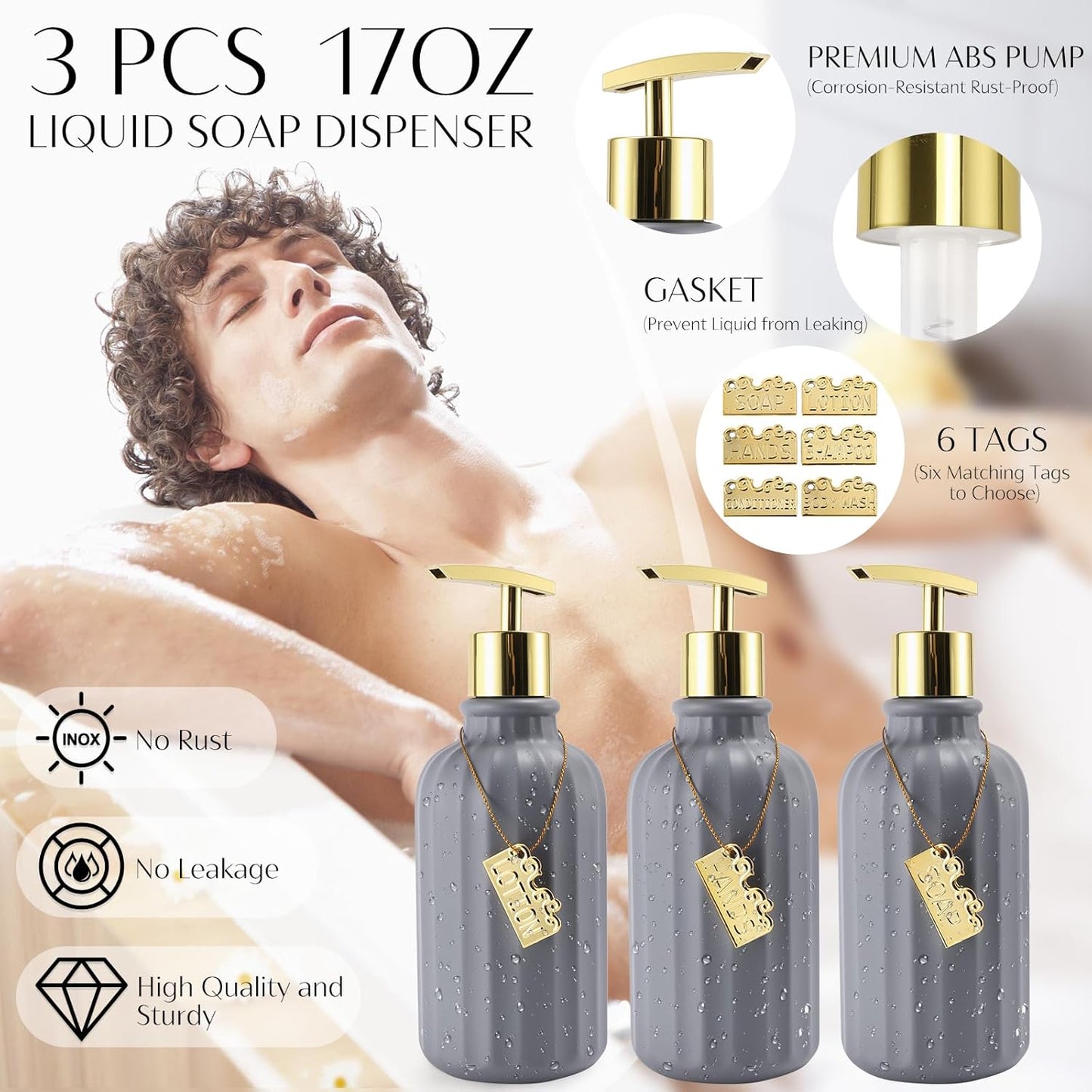 17PCS Bathroom Accessory Set Bathroom Set Grey Bathroom Accessories,Toilet Brush,Trash Can, Qtip Holder Dispenser& 3PCS Soap Dispenser