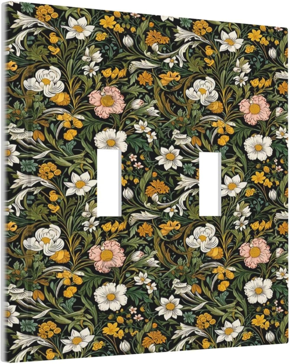 Decorative Light Switch Plate Covers Rustic Green Leaf White Daisy Yellow Floral 2 Gang Light Switch Cover Plate Unique Double Toggle Wall Plate Outlet Covers Faceplate for Bedroom Decor