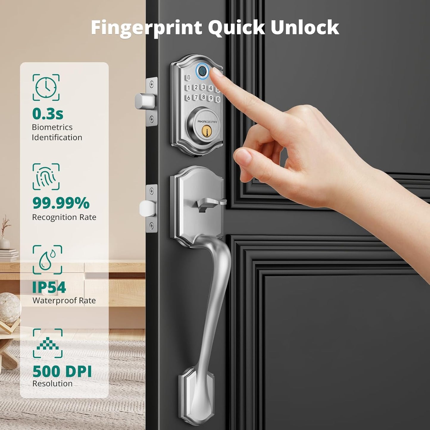 DS10 Keyless Entry Door Lock with Handle Set - Fingerprint Door Locks, Electronic Keypad Deadbolt, Smart Locks for Front Door, Auto-Lock & One Touch Locking, Easy Installation - Satin Nickel