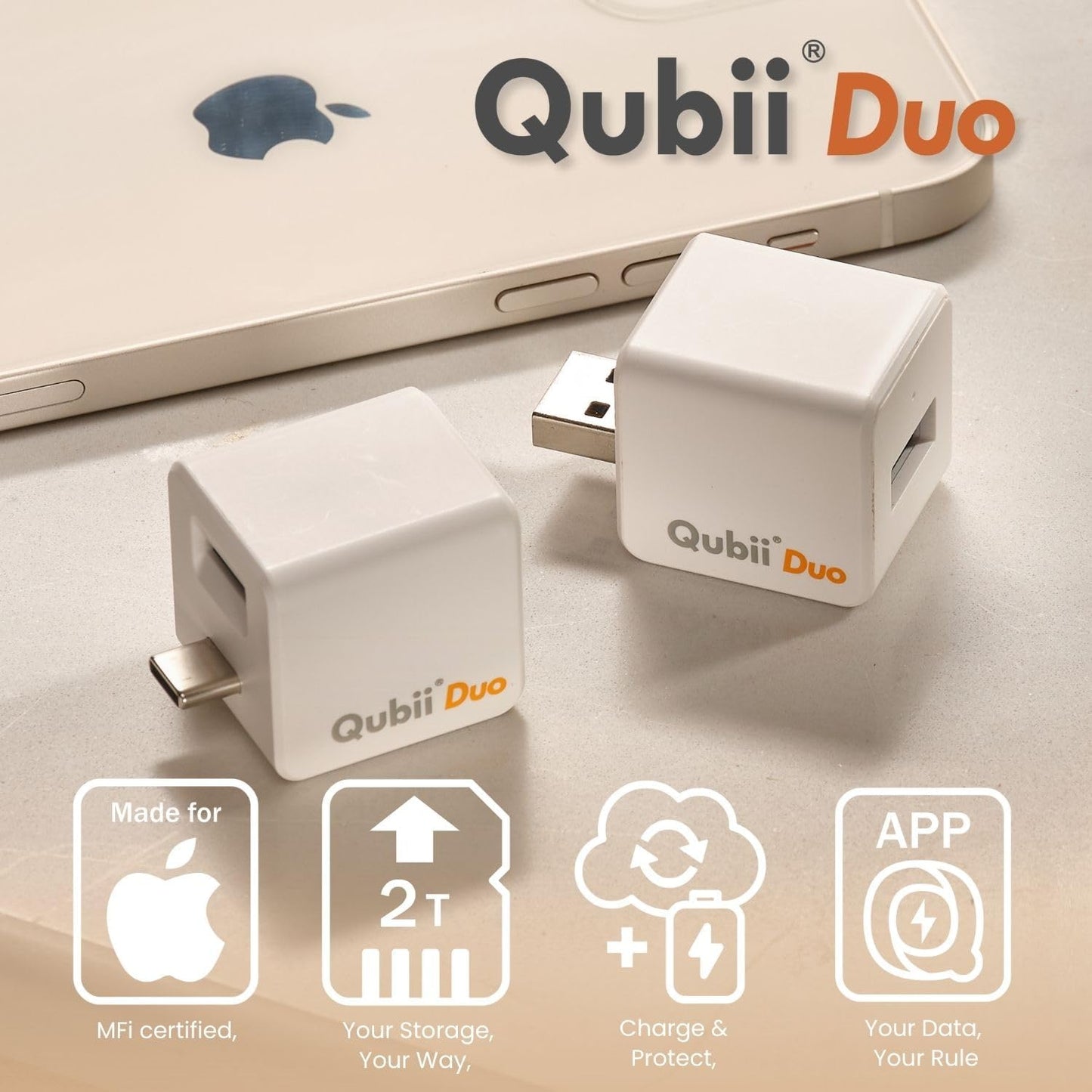 MAKTAR Qubii Duo Automatic Backup Cube with USB-C Cable and 128GB microSD Card, for iPhone/Android Photo and Video Backup
