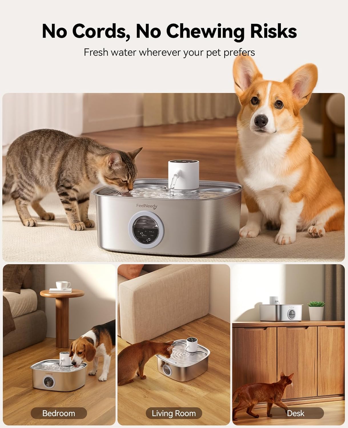 Cordless Dog Water Fountain, 5000mAh Battery Operated Water Fountain for Dogs, Stainless Steel Cat Water Fountain for Multi-Cats & Small-Medium Dogs, 8L Automatic Pet Water Fountain, Easy to Clean