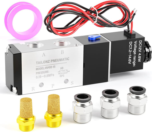 TAILONZ PNEUMATIC 1/2"NPT Solenoid Valve 4V410-15 12V/24V/110V/220V Single Coil Pilot-Operated Electric 2 Position 5 Way Connection Type Outlet wire