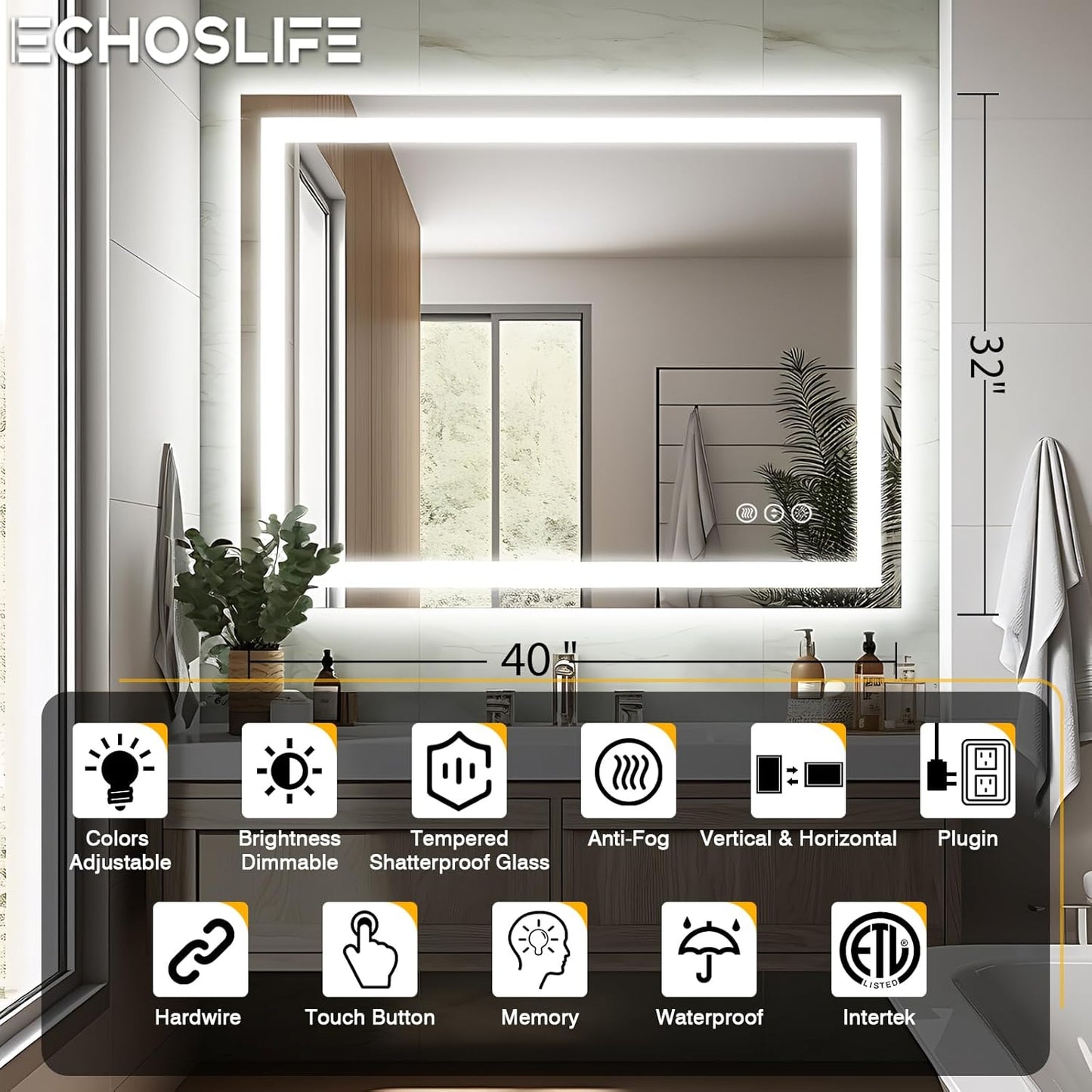 40"x32" LED Bathroom Mirrors for Wall, Front and Backlit Mirror, Anti-Fog Vanity Mirror with Lights, Stepless 3 Colors Dimmable Lighted Mirror(Horizontal/Vertical)