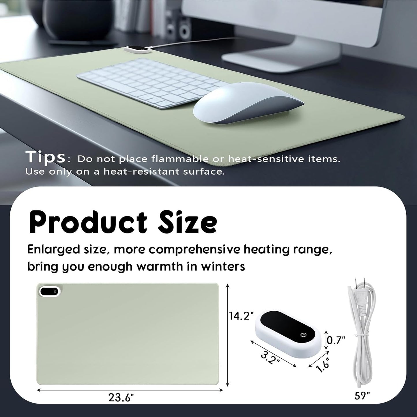 Konohan Heated Large Desk Mat PU Leather Warm Mouse Pad with 5 Heating Level & 4 Hour Auto Shut-Off Heating Keyboard Pad Warmer Gaming Mice Mat Only Supports 110v(Gray-Green Color,23.6"x 14.2")