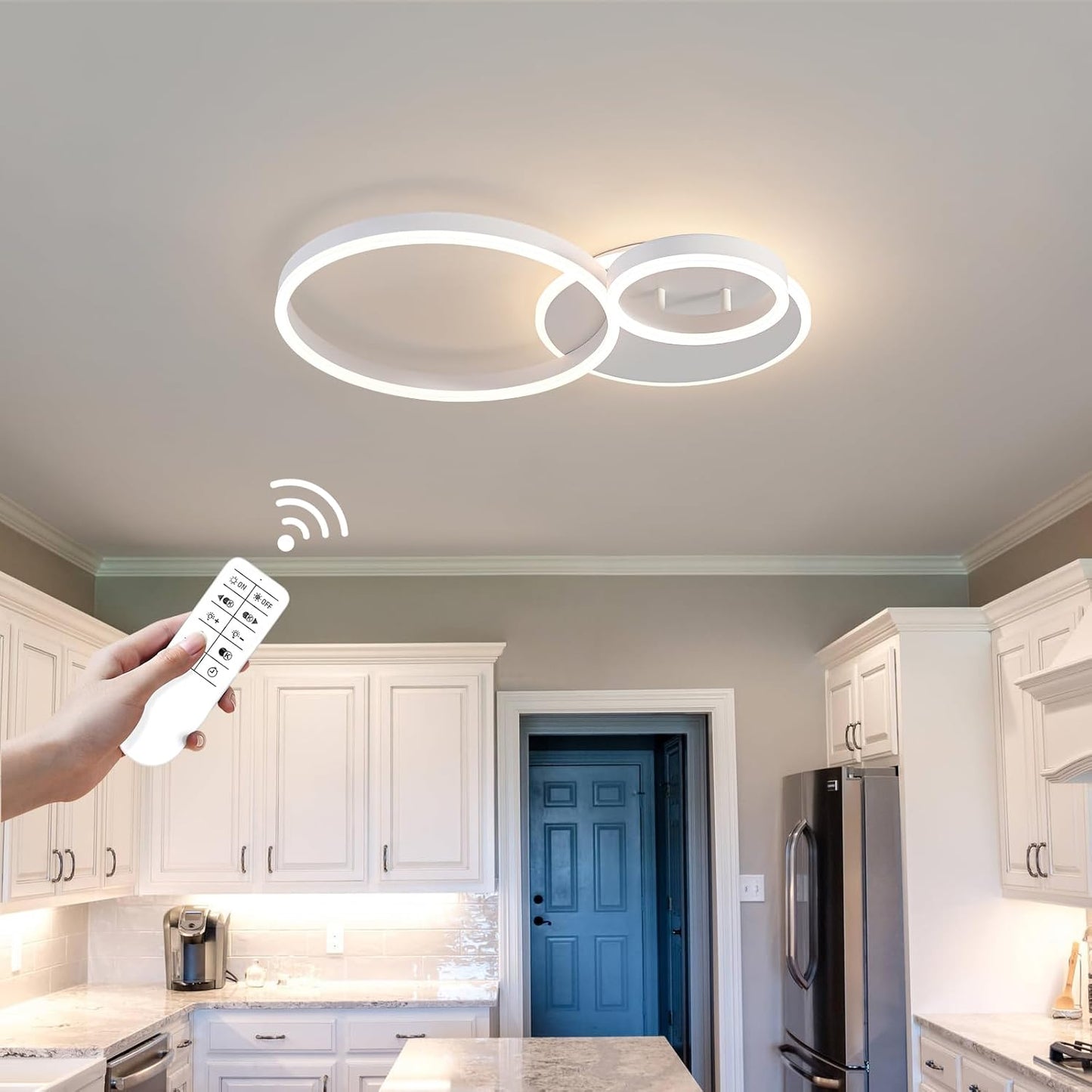 O'NEELDY Modern 3 Ring LED Chandelier Lamp Fixture White 25.59''Dimmable Acrylic Flush Mount Ceiling Lights with Remote Control Ideal for Small Room, Kitchen, Bedroom