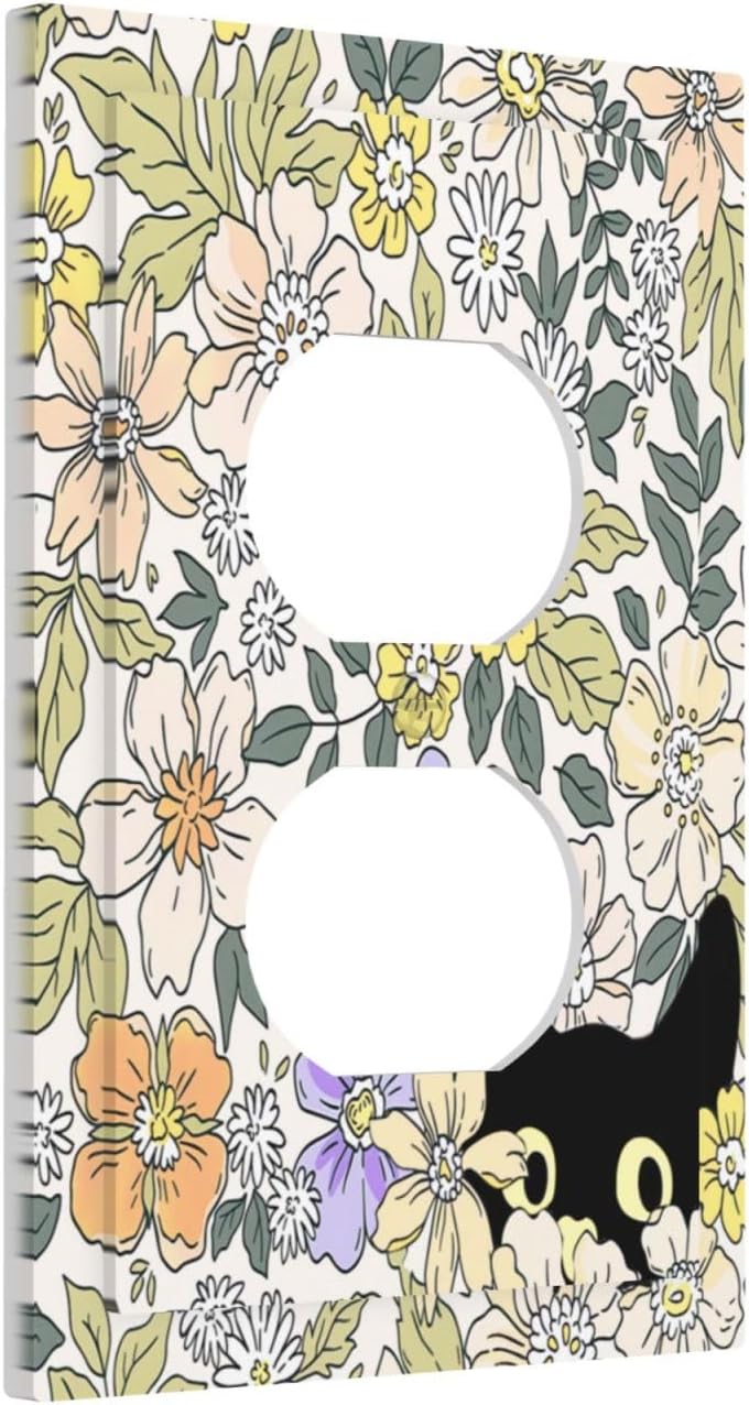 Decorative Outlet Covers Cute Black Cat in a Flower Patch Botanical Garden 1 Gang Duplex Light Switch Cover Plate Wall Plates Switch Plate Cover for Bedroom Home Decor（2 Pack）