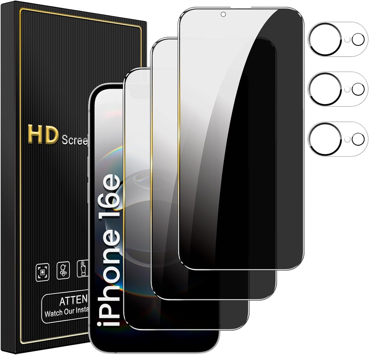 3 Pack Privacy Screen Protector for iPhone 16e 6.1 Inch with 3 Pack Camera Lens Protector, Anti Spy Tempered Glass Film, Anti-Scratch, Touch Sensitive, Case Friendly