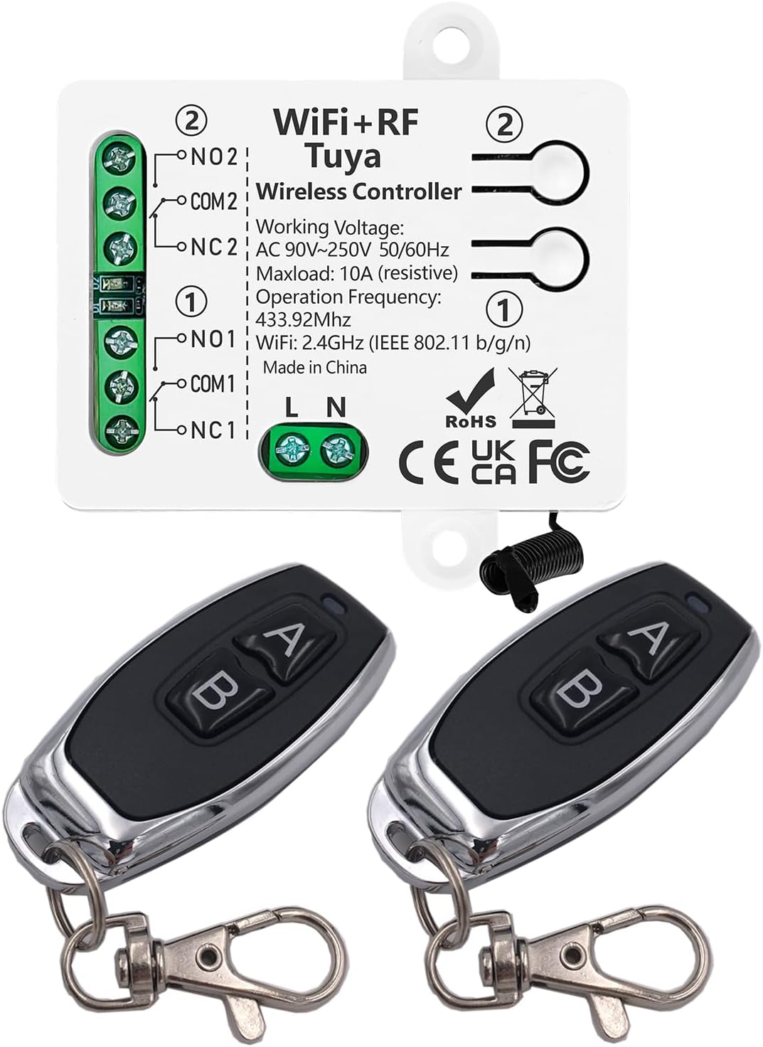 DieseRC Tuya 2-Channel WiFi Smart Switch, AC 90V - 250V 220V Passive Output Relay Module, with 2X RF Remote Control, Compatible with Alexa/Google Home